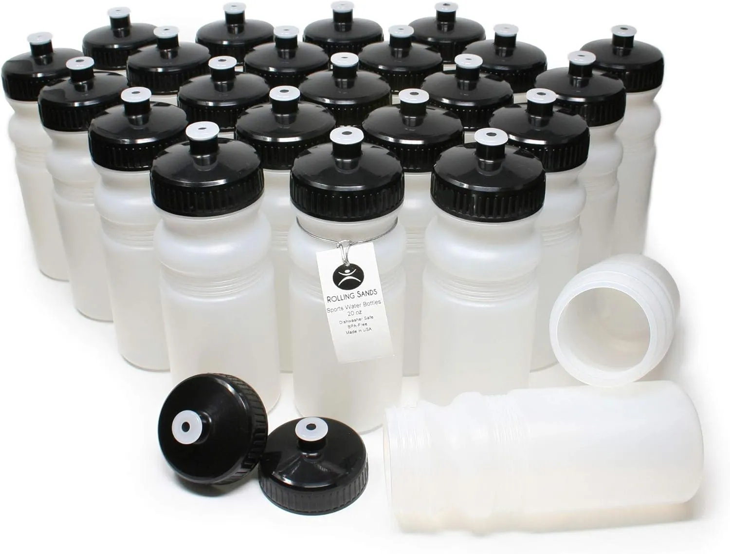 Rolling Sands 20 Ounce Sports Water Bottles 24 Pack, BPA-Free, Made in USA, Dishwasher Safe, Clear Frost Bottles/Black Lids