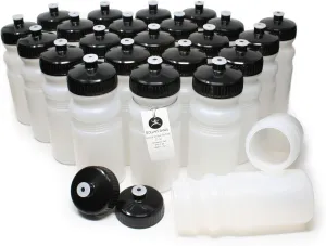 Rolling Sands 20 Ounce Sports Water Bottles 24 Pack, BPA-Free, Made in USA, Dishwasher Safe, Clear Frost Bottles/Black Lids
