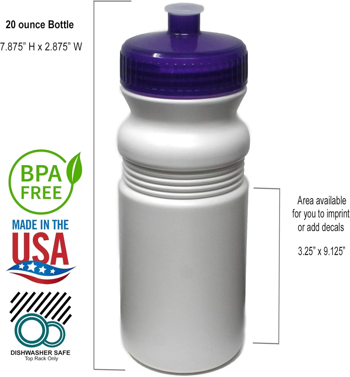 Rolling Sands 20 Ounce Sports Water Bottles 24 Pack, BPA-Free, Made in USA, Dishwasher Safe, White Bottles/Purple Lids