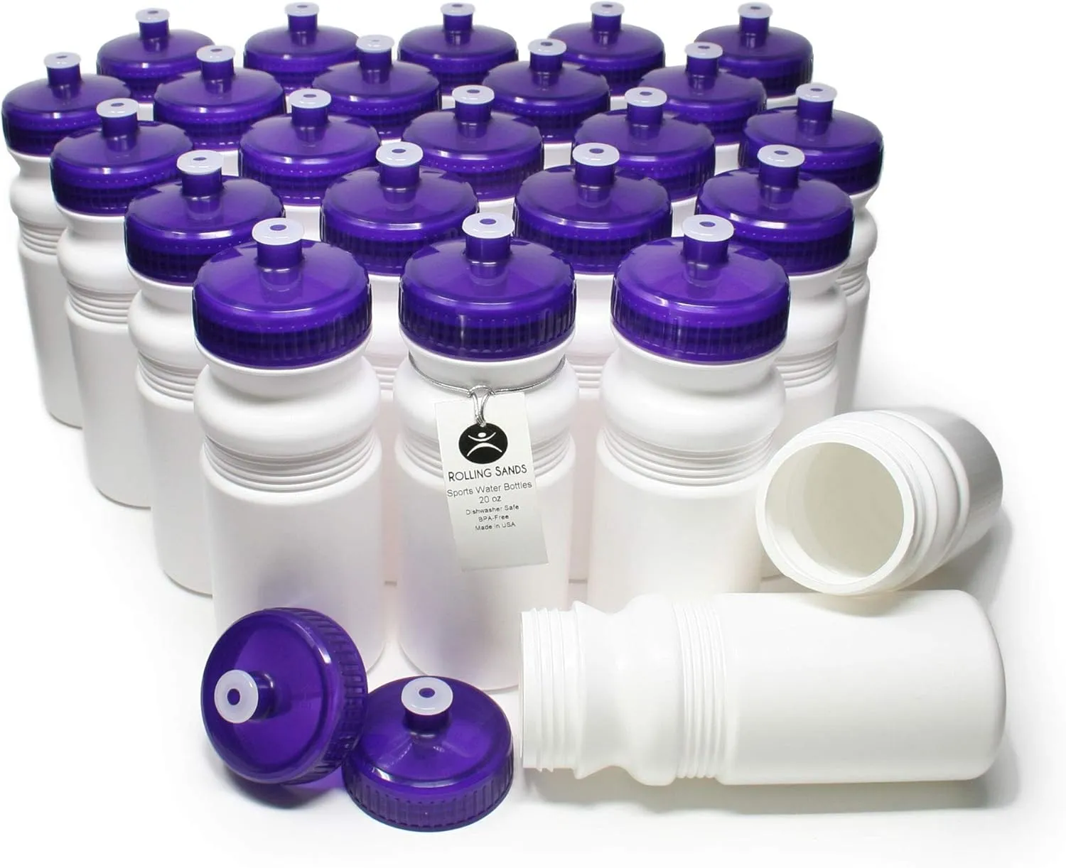Rolling Sands 20 Ounce Sports Water Bottles 24 Pack, BPA-Free, Made in USA, Dishwasher Safe, White Bottles/Purple Lids