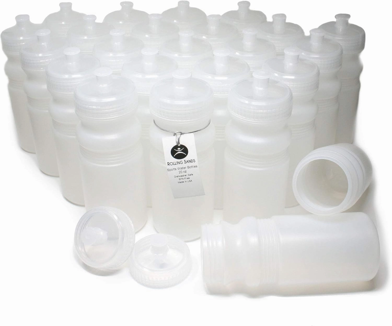 Rolling Sands 20 Ounce Sports Water Bottles 24 Pack, BPA-Free, Made in USA, Dishwasher Safe, Clear Frost Bottles/Clear Lids