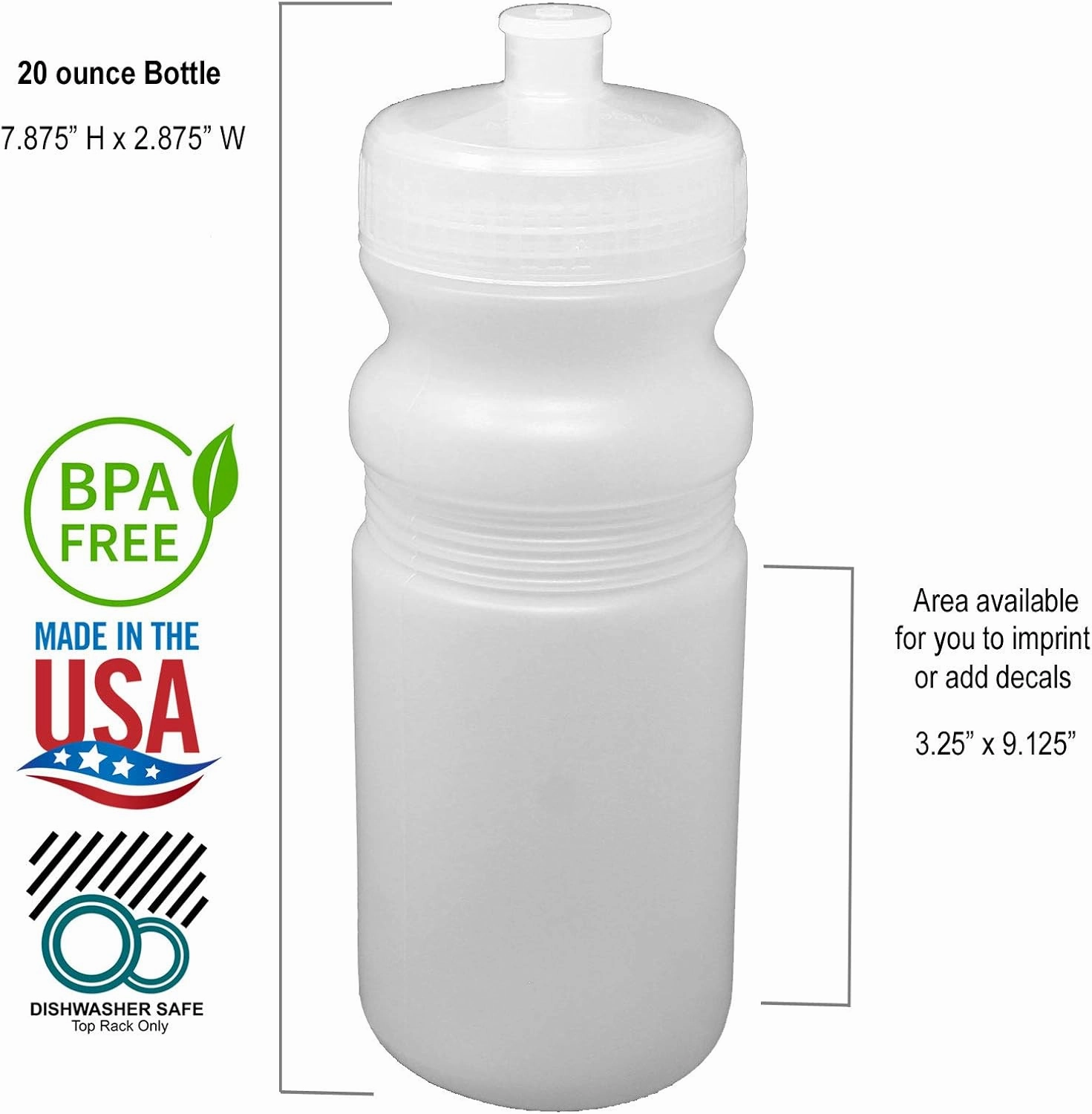 Rolling Sands 20 Ounce Sports Water Bottles 24 Pack, BPA-Free, Made in USA, Dishwasher Safe, Clear Frost Bottles/Clear Lids