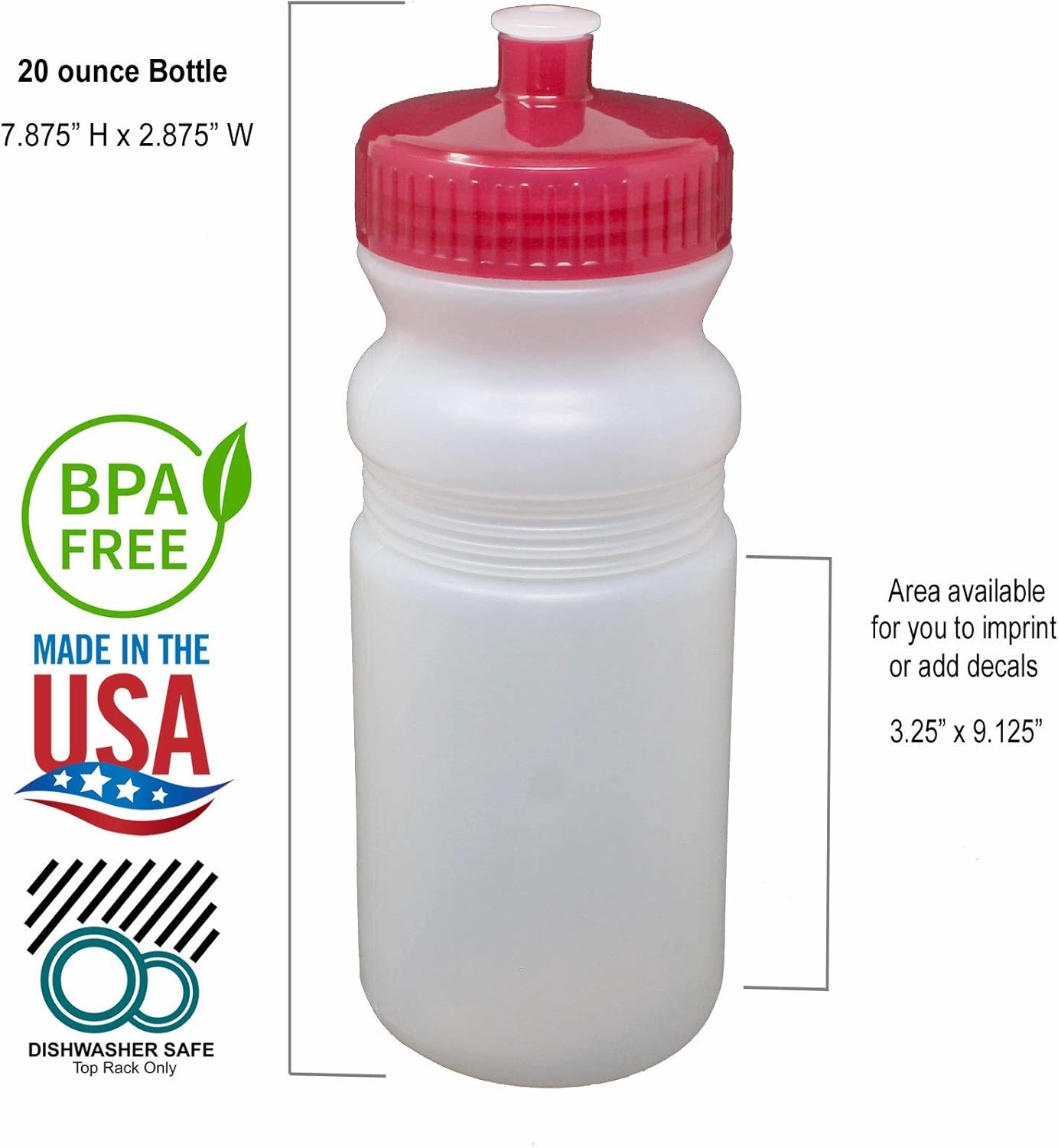 Rolling Sands 20 Ounce Sports Water Bottles 24 Pack, BPA-Free, Made in USA, Dishwasher Safe, Clear Frost Bottles/Red Lids