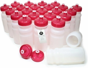 Rolling Sands 20 Ounce Sports Water Bottles 24 Pack, BPA-Free, Made in USA, Dishwasher Safe, Clear Frost Bottles/Red Lids