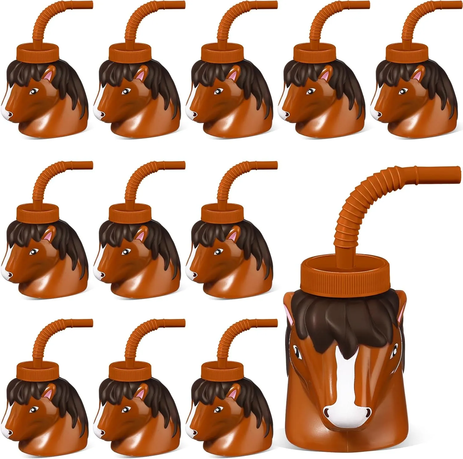 Roshtia 12 Set Farm Animal Cups with Straws and Lids 11 oz Plastic Reusable Animal Themed Cups Cute Sippy Cups for Kids Birthday Farm Theme Party Favor Supplies(Horse)