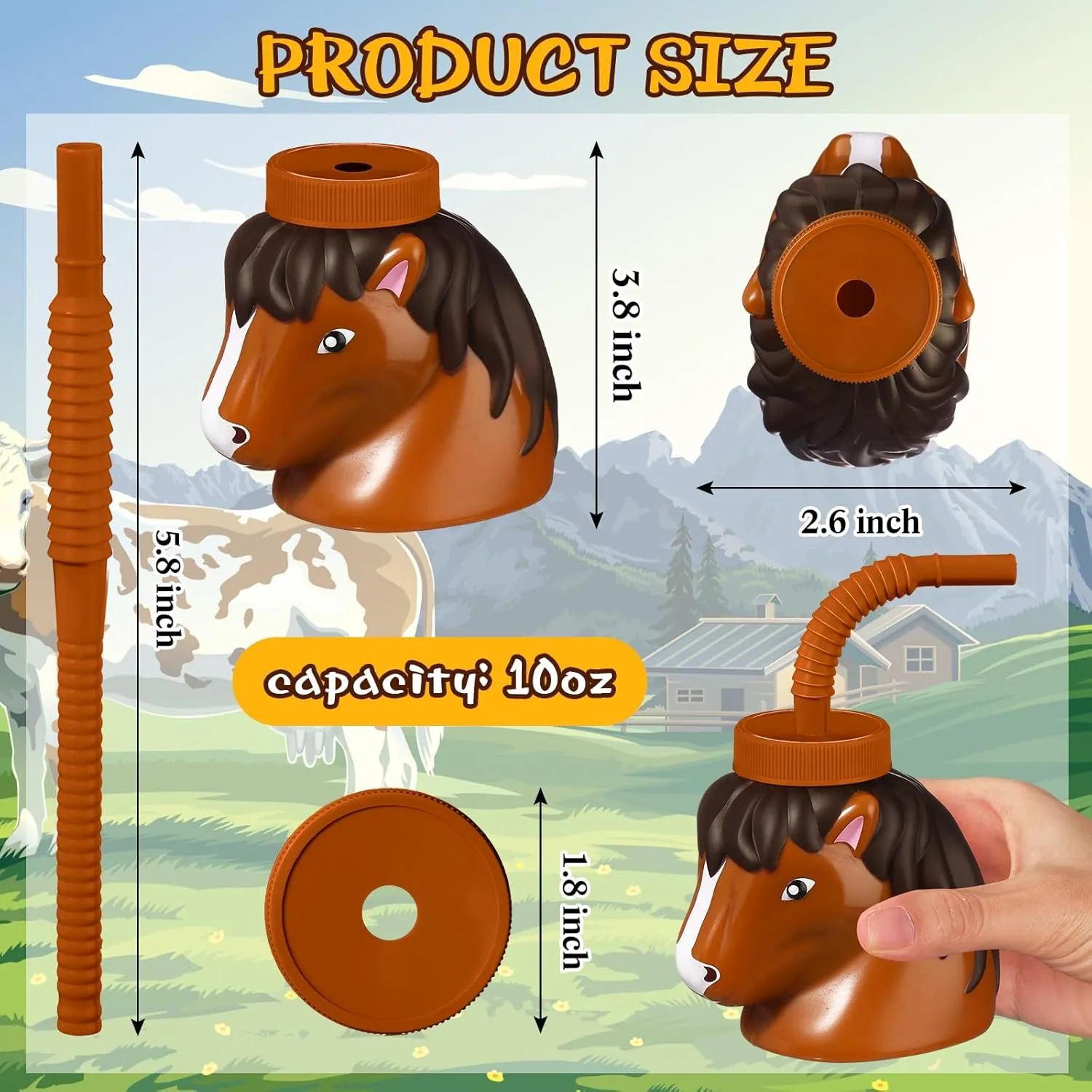 Roshtia 12 Set Farm Animal Cups with Straws and Lids 11 oz Plastic Reusable Animal Themed Cups Cute Sippy Cups for Kids Birthday Farm Theme Party Favor Supplies(Horse)