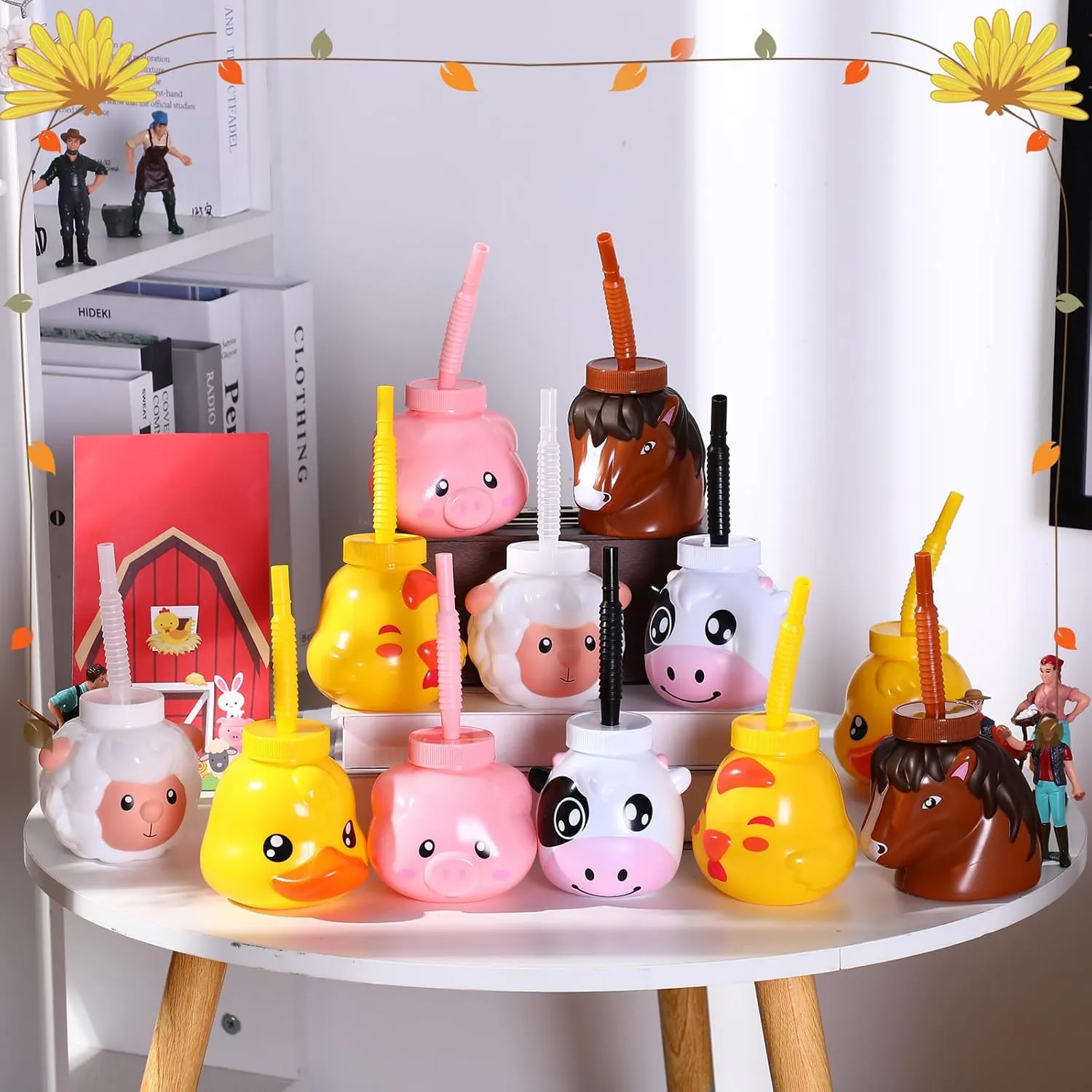 Roshtia 12 Set Farm Animal Cups with Straws and Lids 11 oz Plastic Reusable Animal Themed Cups Cute Sippy Cups for Kids Birthday Farm Theme Party Favor Supplies(Horse)