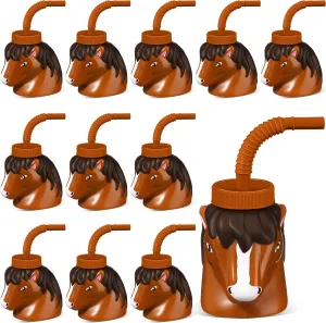 Roshtia 12 Set Farm Animal Cups with Straws and Lids 11 oz Plastic Reusable Animal Themed Cups Cute Sippy Cups for Kids Birthday Farm Theme Party Favor Supplies(Horse)