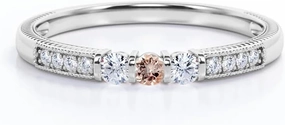 Rosie Collection Basket Round Morganite and CZ Diamond Milgrain Three Stone Promise Engagement Ring in 925 Silver