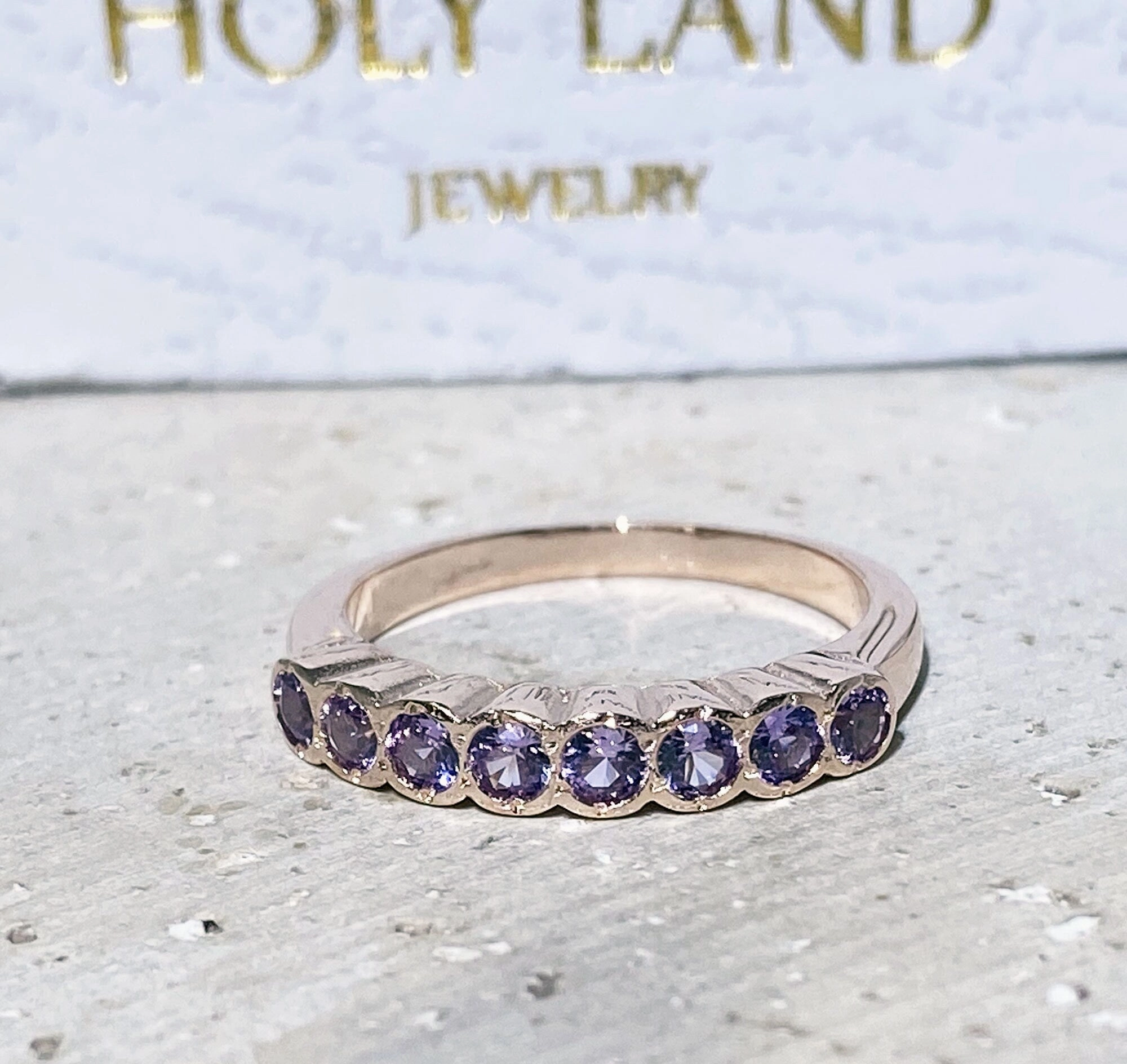 Round Alexandrite Eight Stone Half Eternity Stacking Simple Ring