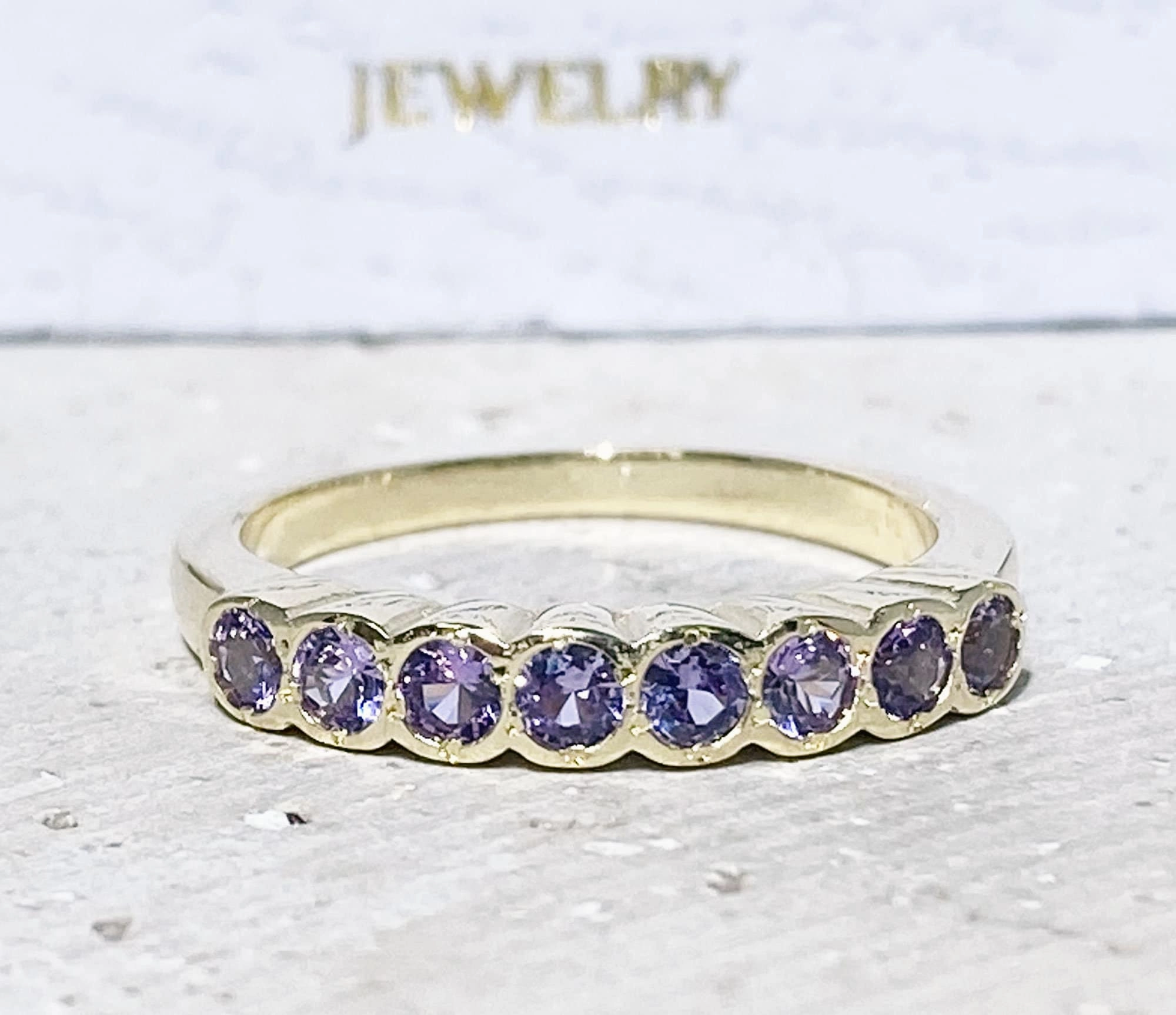 Round Alexandrite Eight Stone Half Eternity Stacking Simple Ring