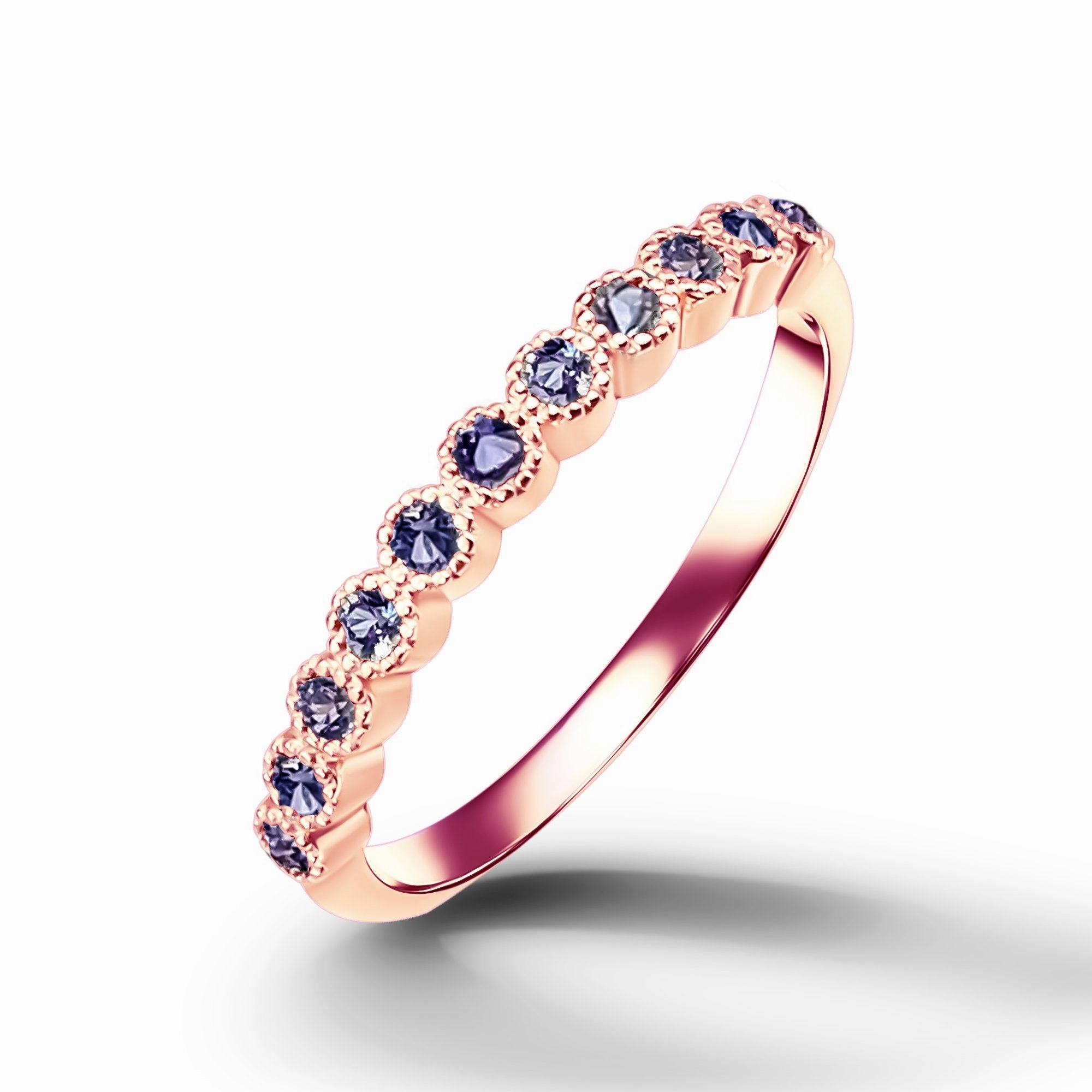 Round Alexandrite Eleven Stone Half Eternity Stacking Simple Ring