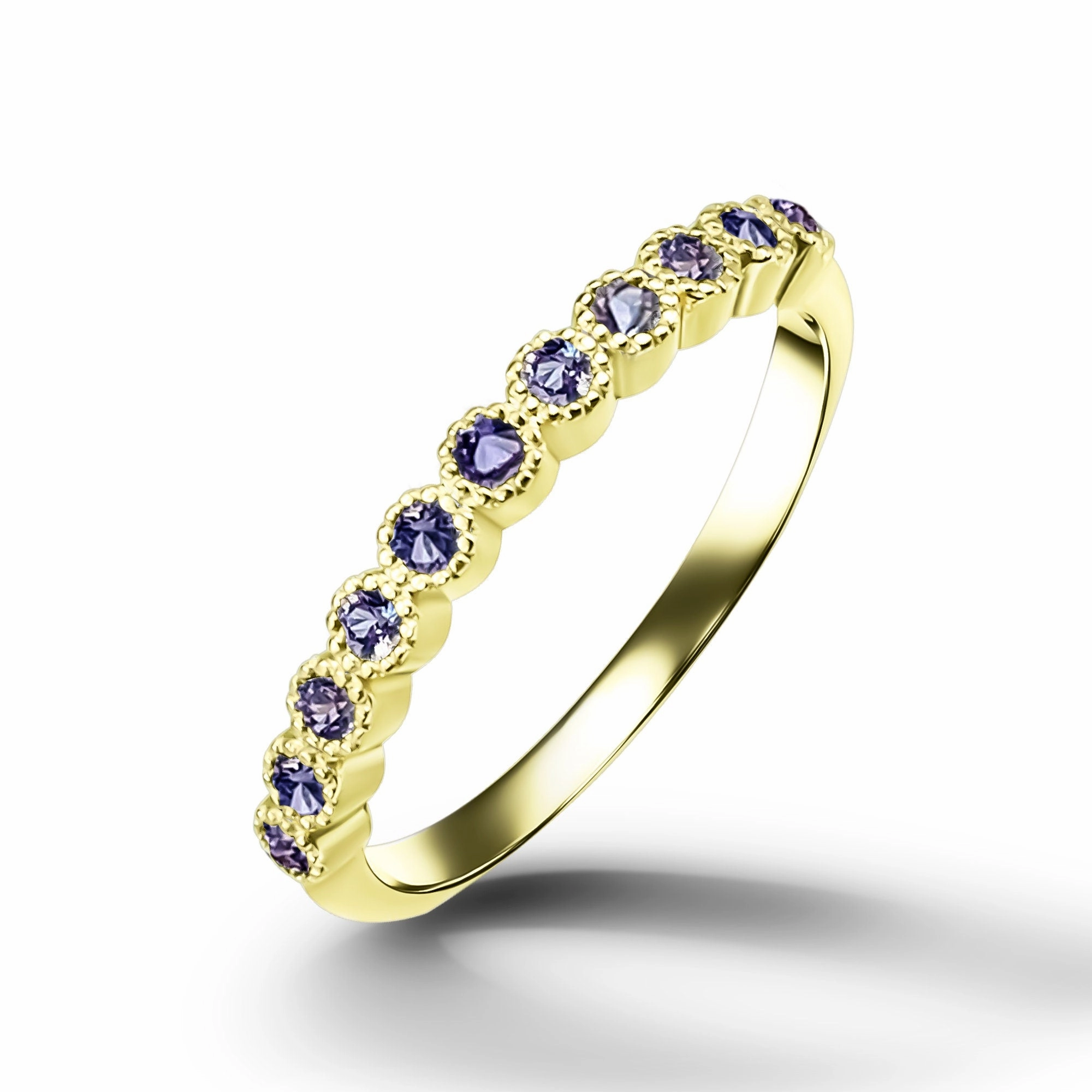 Round Alexandrite Eleven Stone Half Eternity Stacking Simple Ring