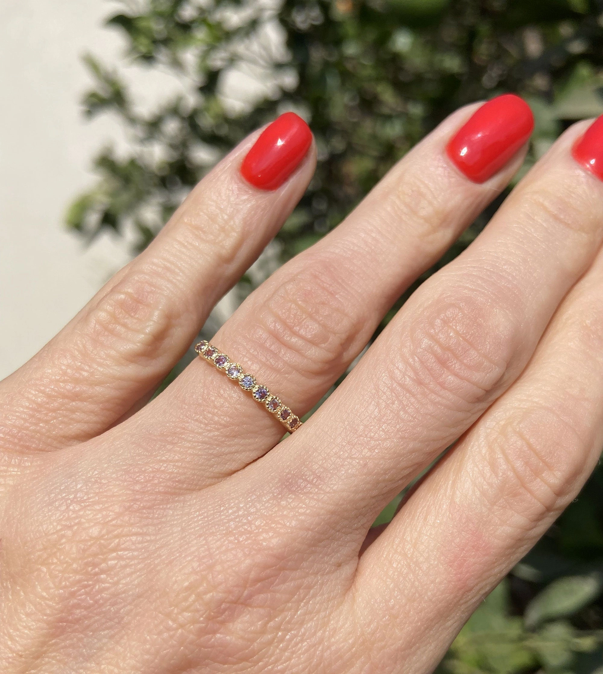 Round Alexandrite Eleven Stone Half Eternity Stacking Simple Ring