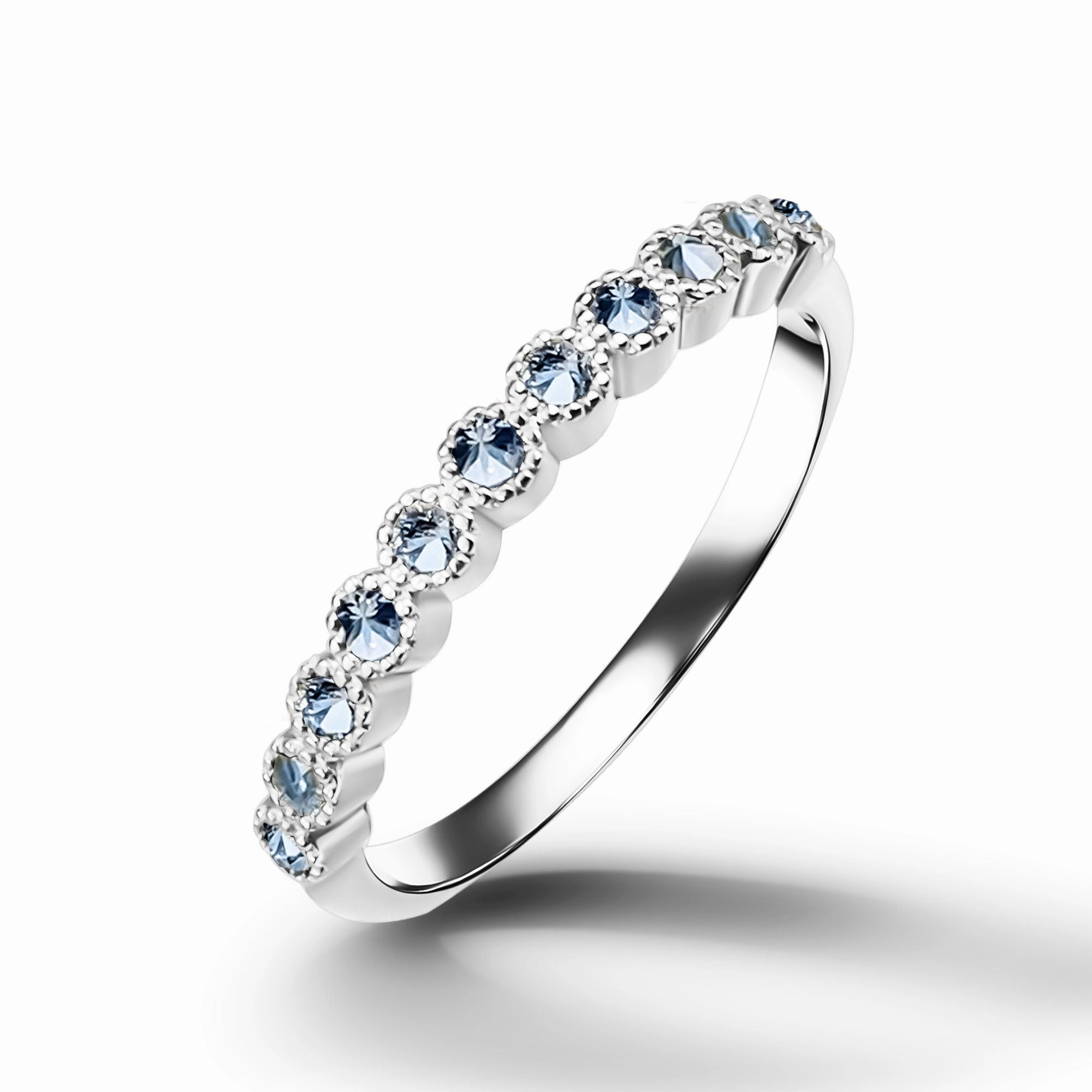 Round Aquamarine Eleven Stone Stacking Half Eternity Simple Ring