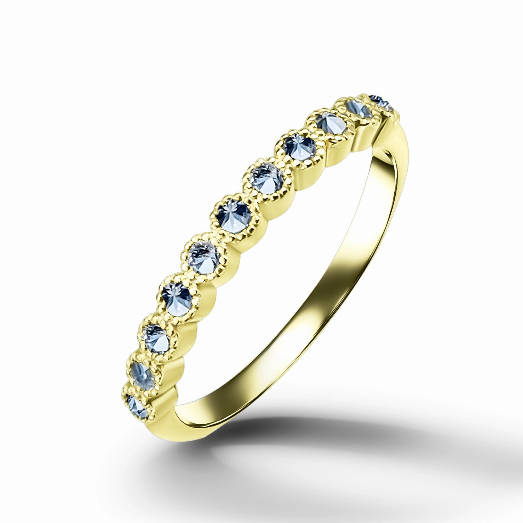 Round Aquamarine Eleven Stone Stacking Half Eternity Simple Ring