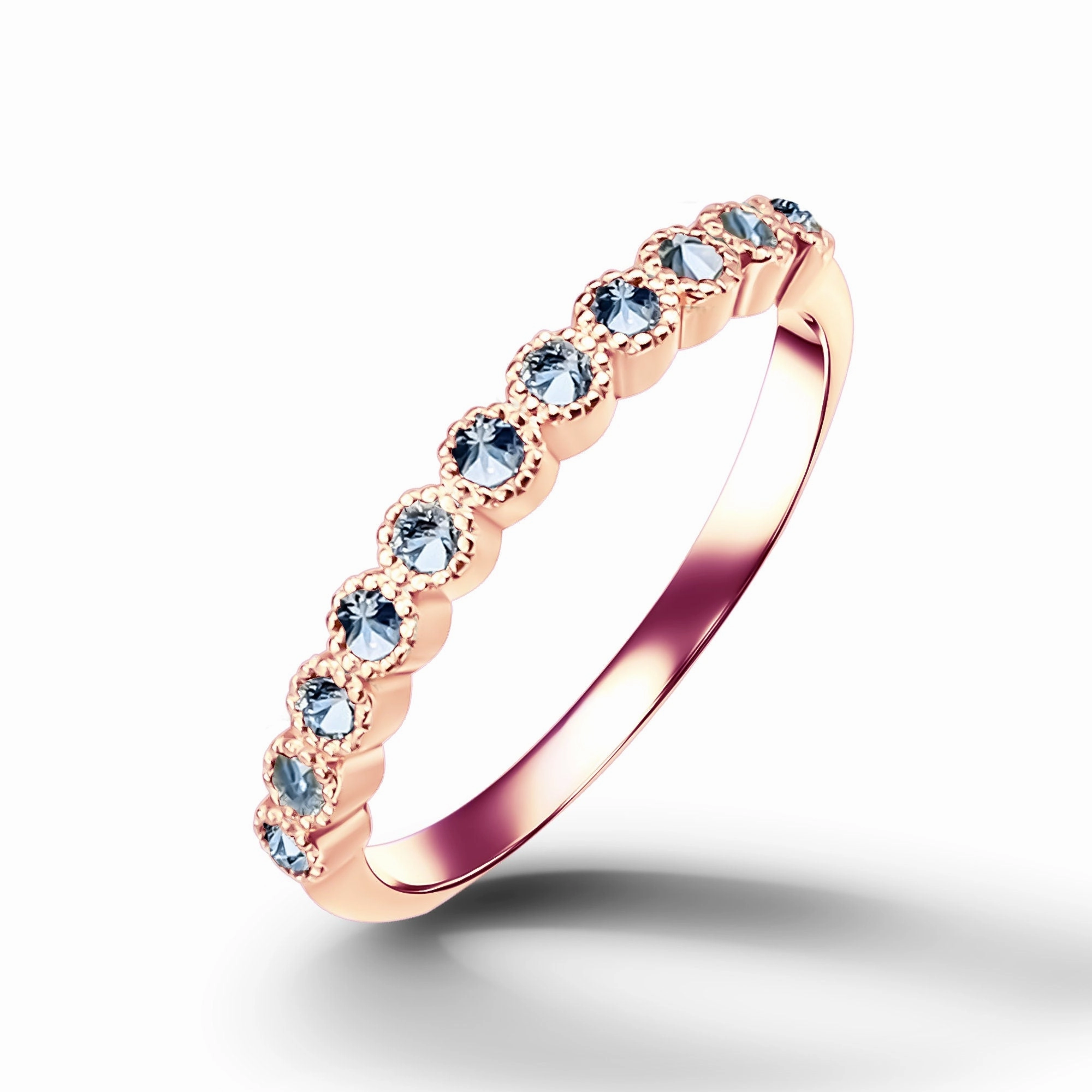 Round Aquamarine Eleven Stone Stacking Half Eternity Simple Ring