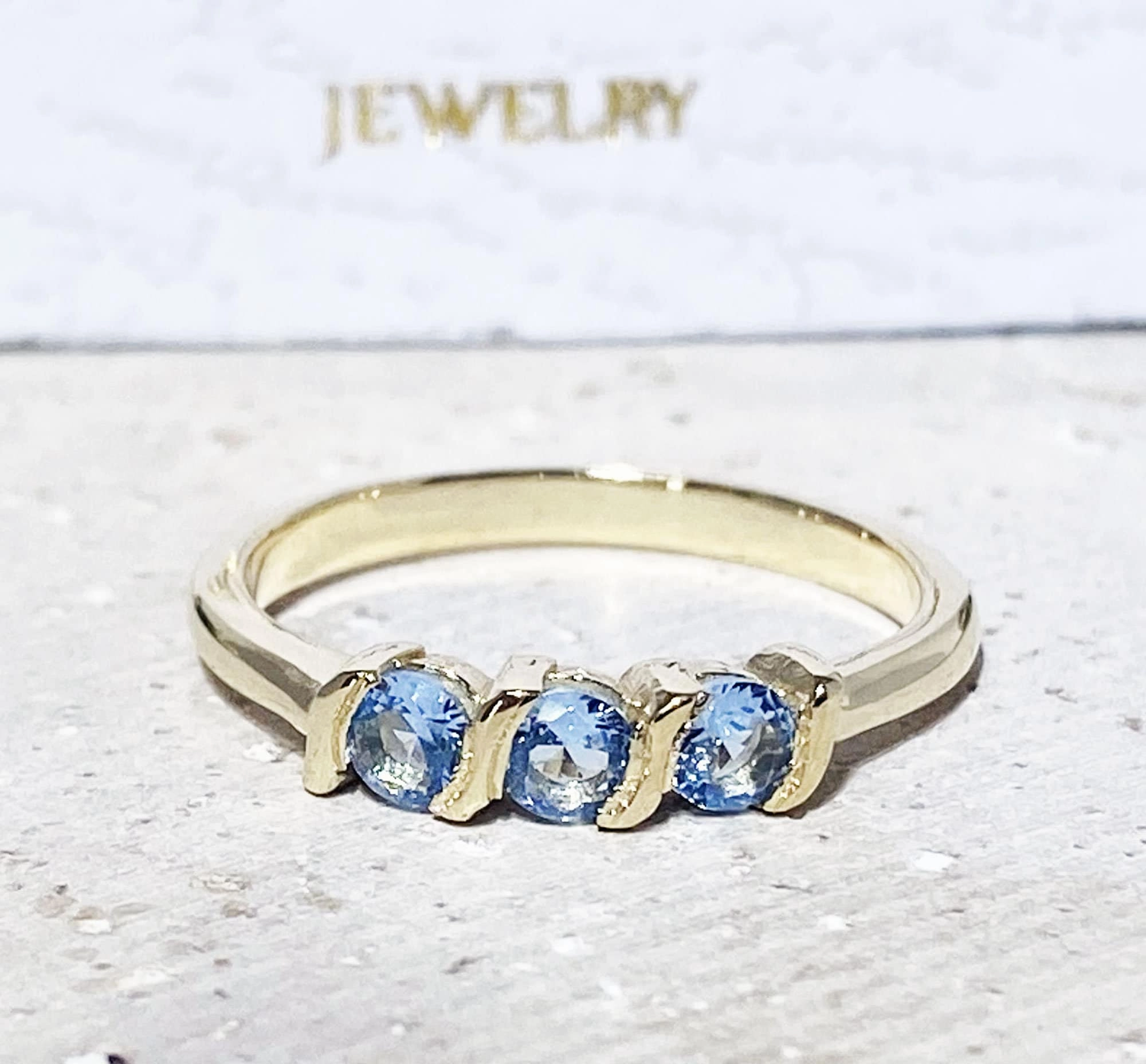 Round Aquamarine Three Stone Simple Stacking Ring