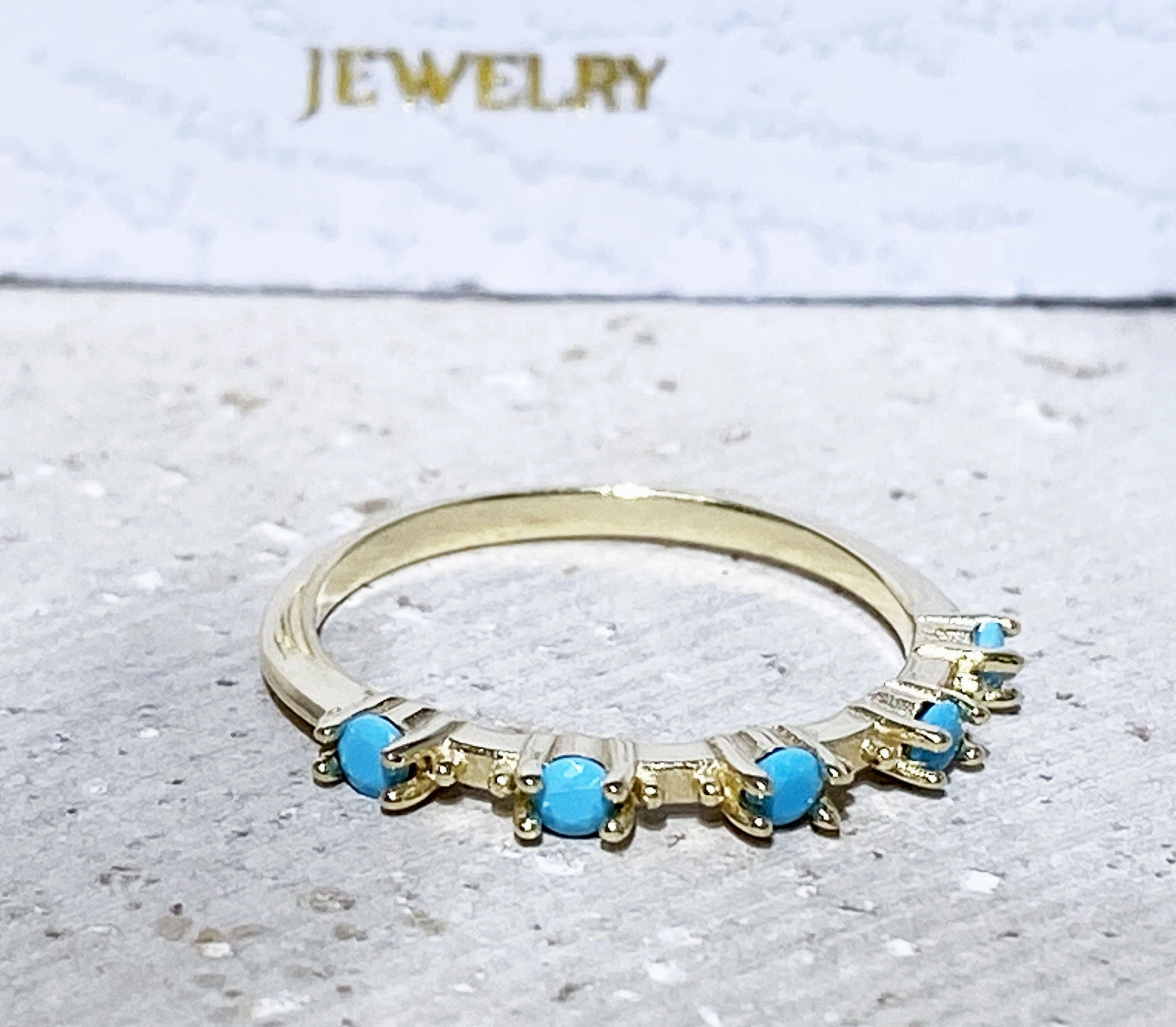 Round Blue Turquoise Five Stone Simple Stacking Ring