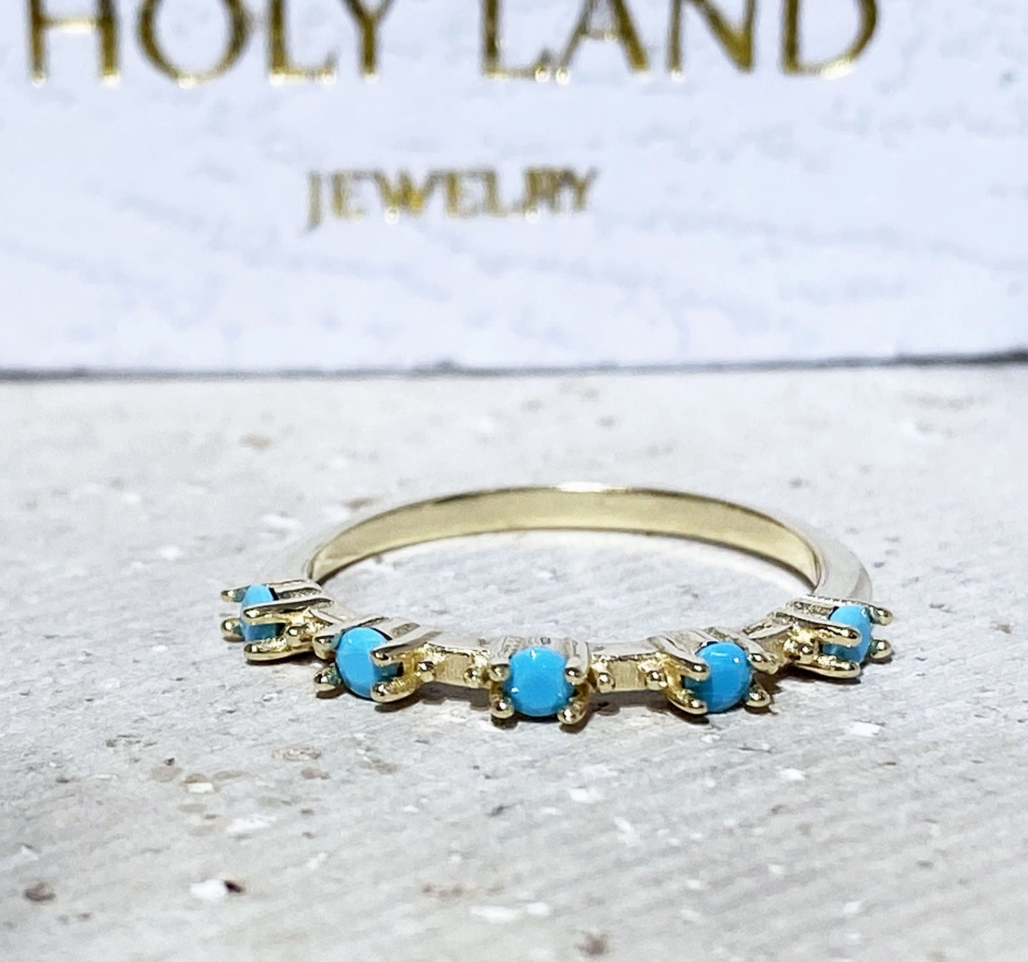 Round Blue Turquoise Five Stone Simple Stacking Ring