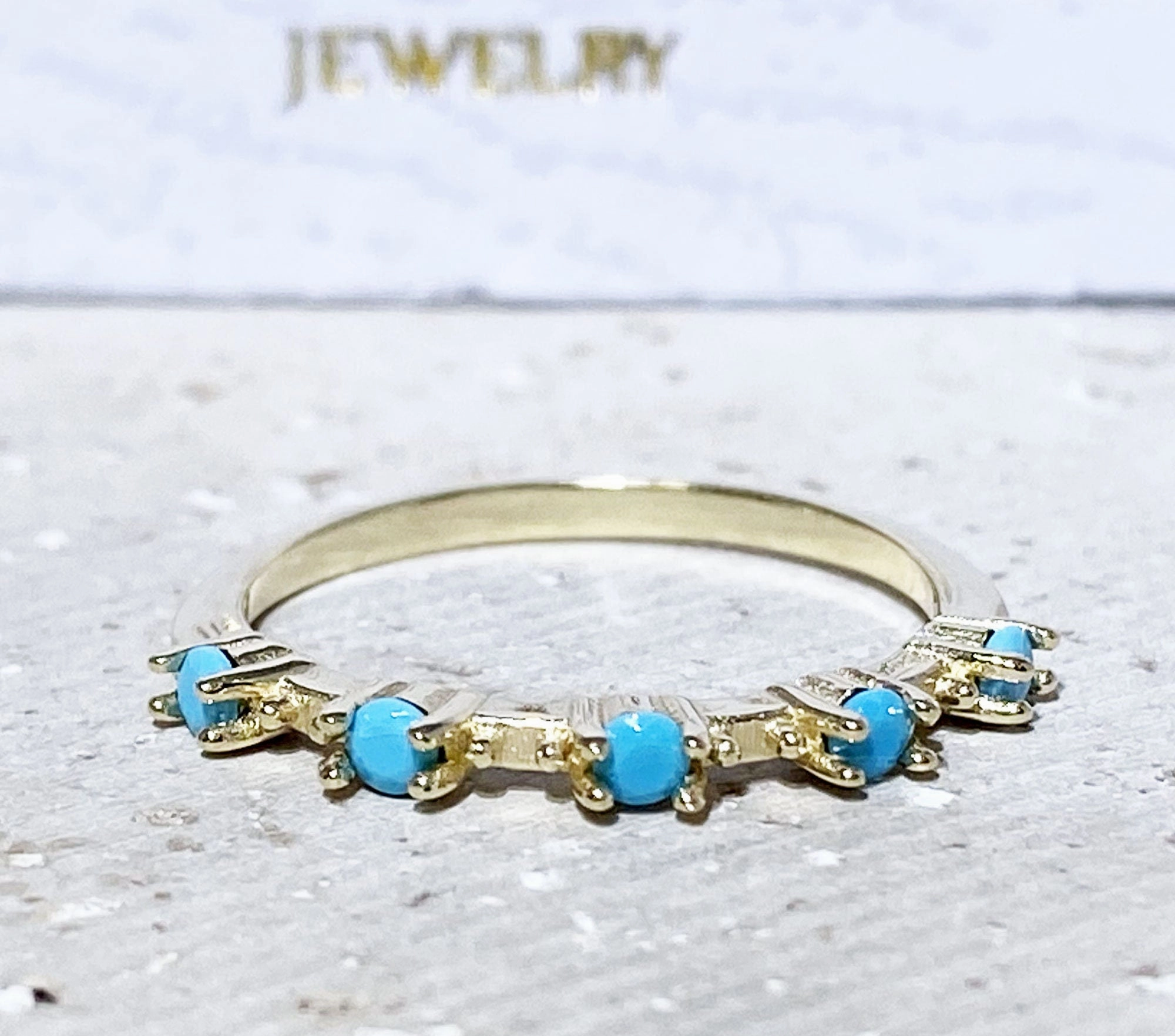 Round Blue Turquoise Five Stone Simple Stacking Ring