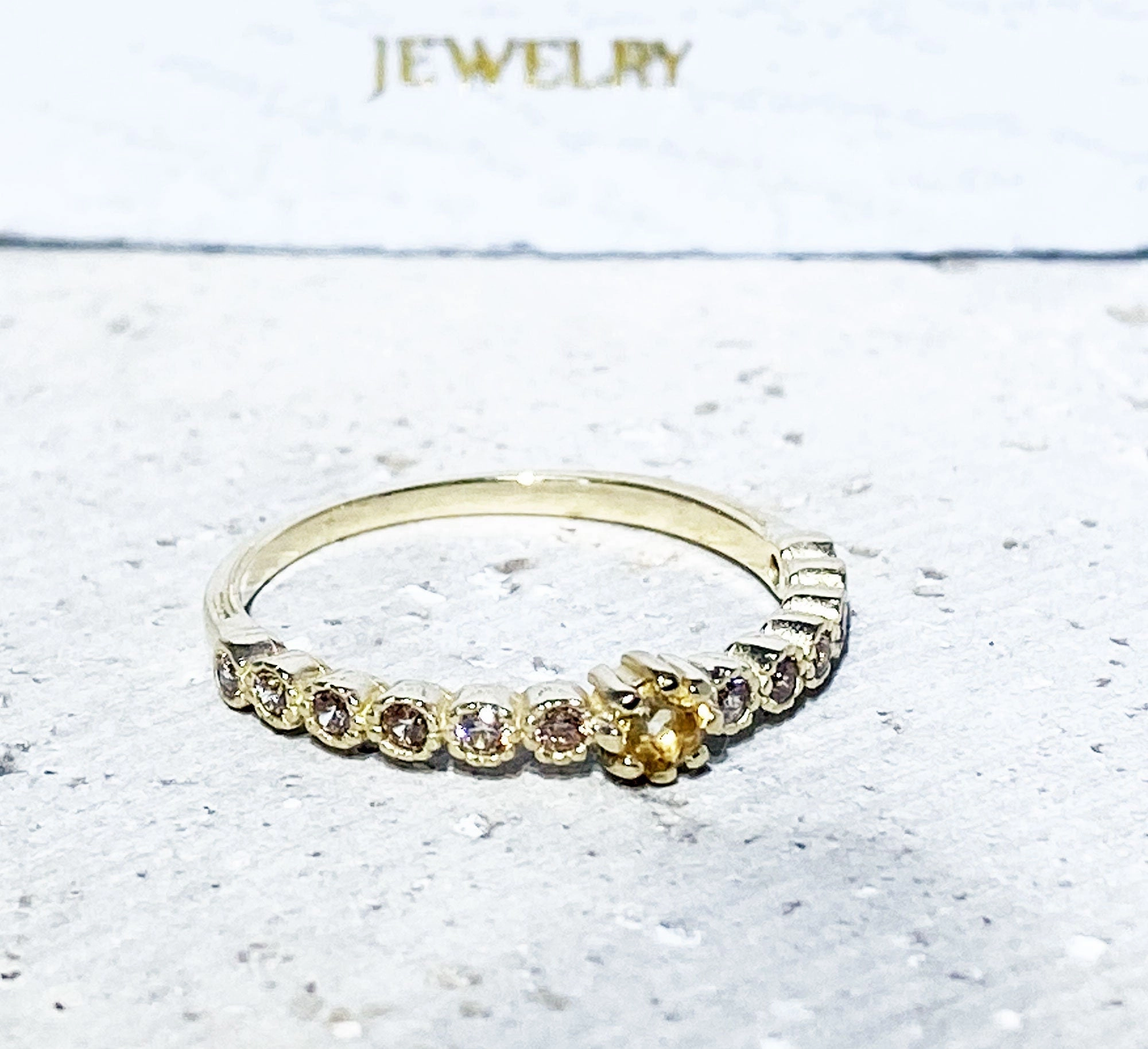 Round Citrine Thirteen Stone Stackable Half Eternity Ring
