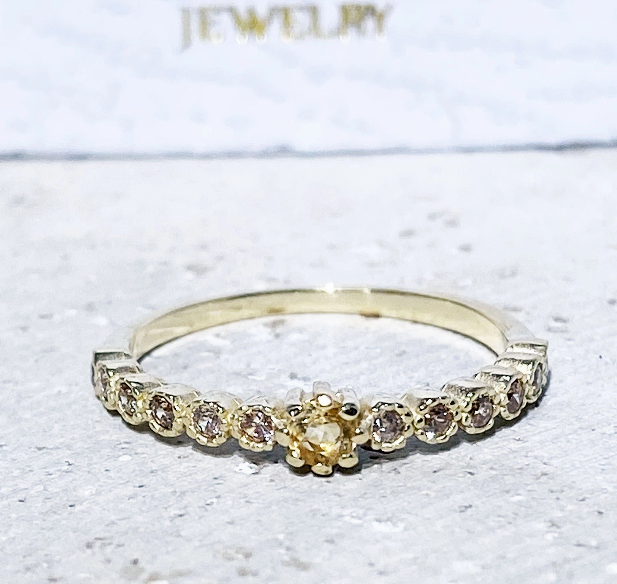 Round Citrine Thirteen Stone Stackable Half Eternity Ring
