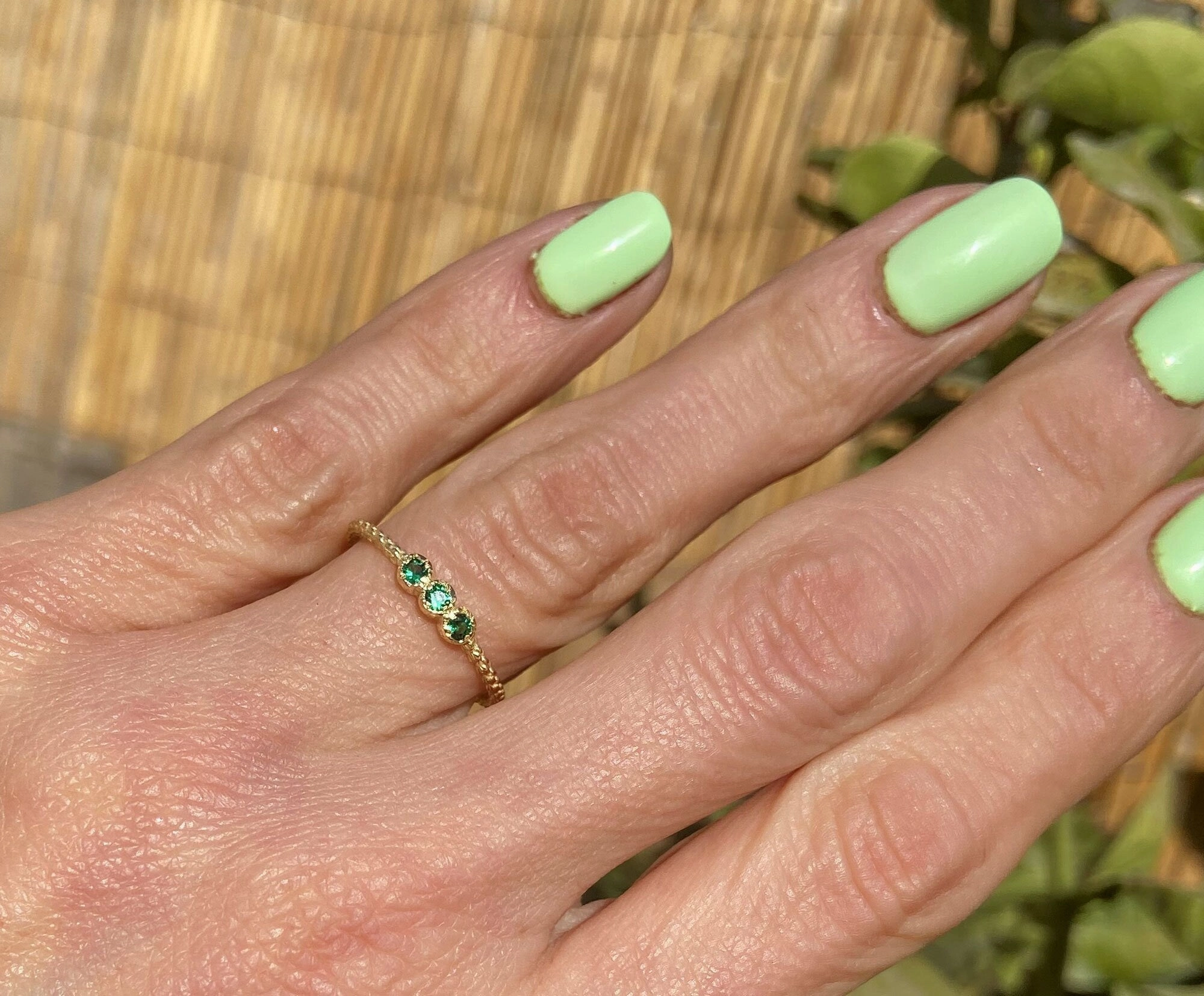 Round Emerald Three Stone Simple Stackable Ring
