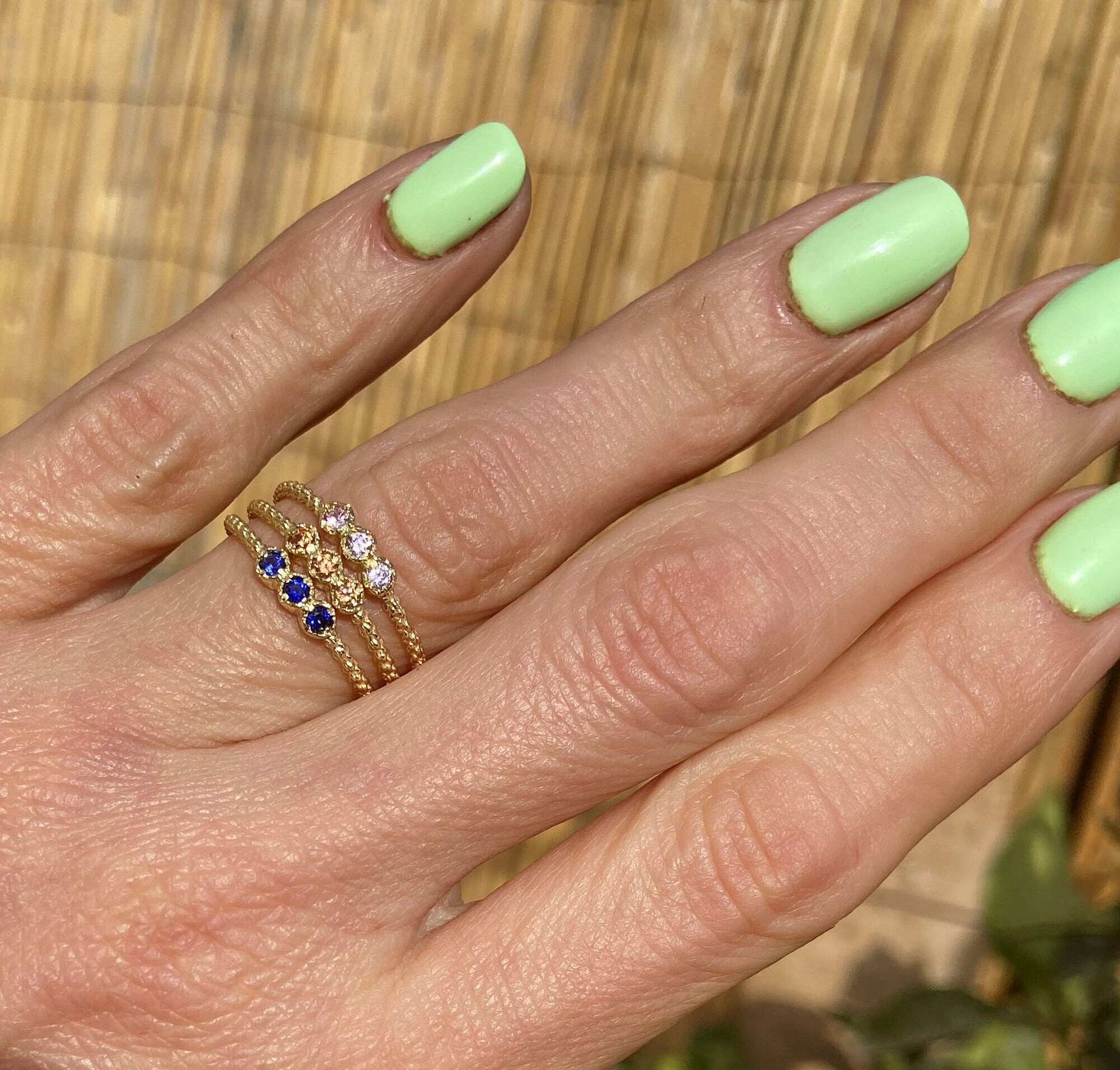 Round Emerald Three Stone Simple Stackable Ring