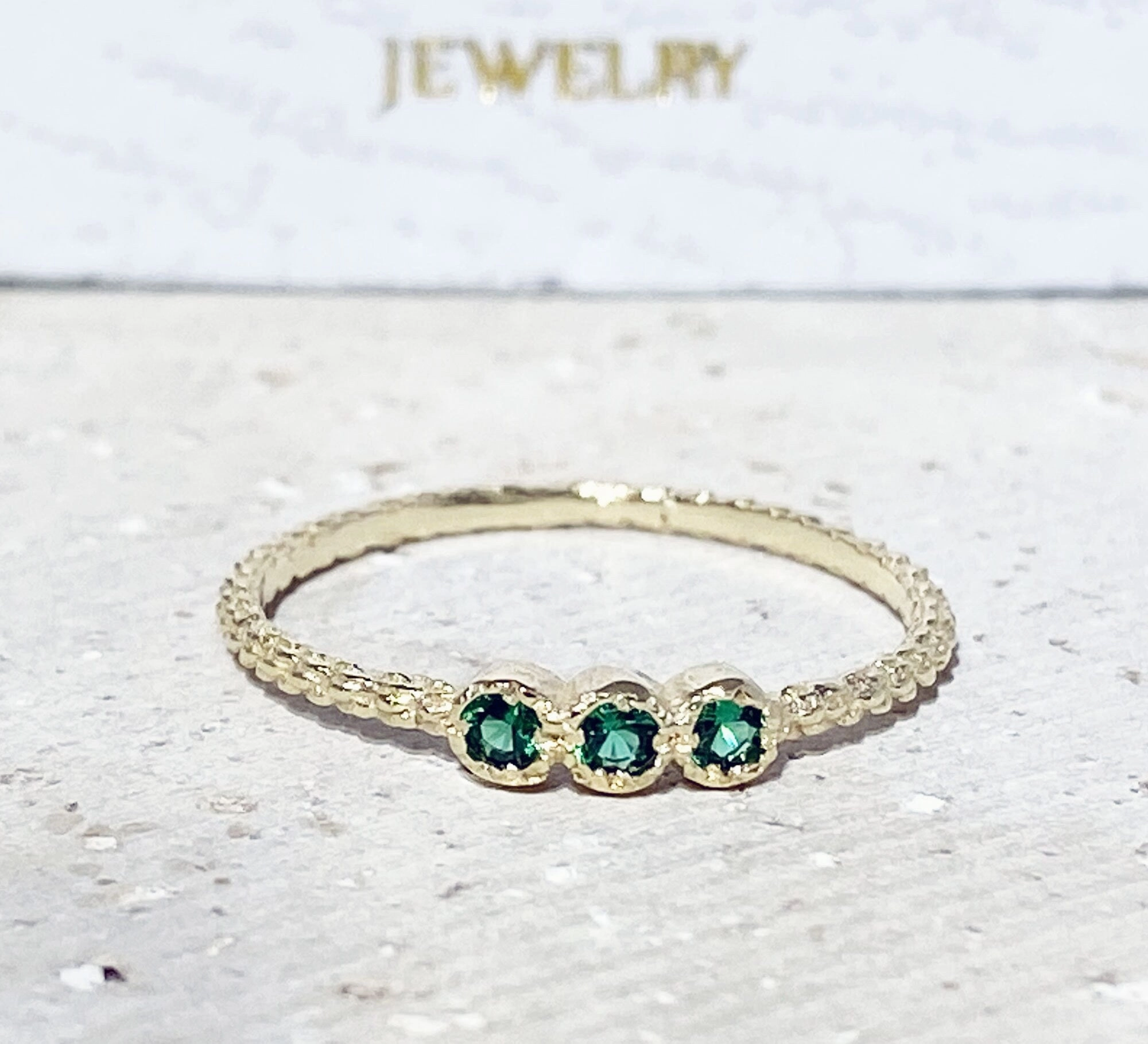 Round Emerald Three Stone Simple Stackable Ring