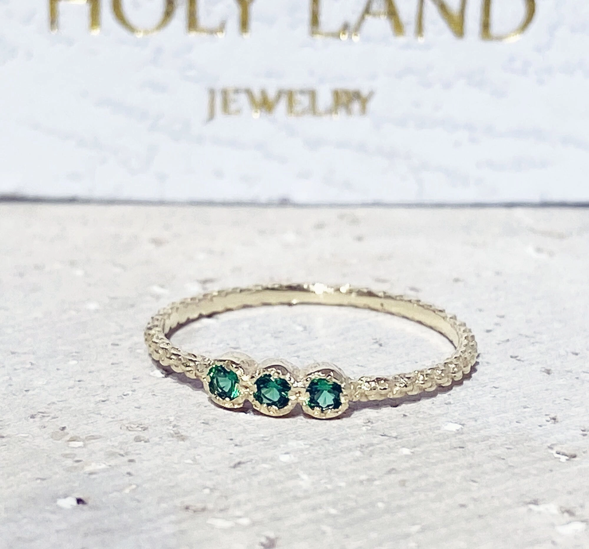 Round Emerald Three Stone Simple Stackable Ring
