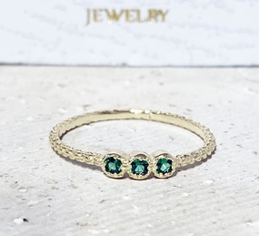 Round Emerald Three Stone Simple Stackable Ring