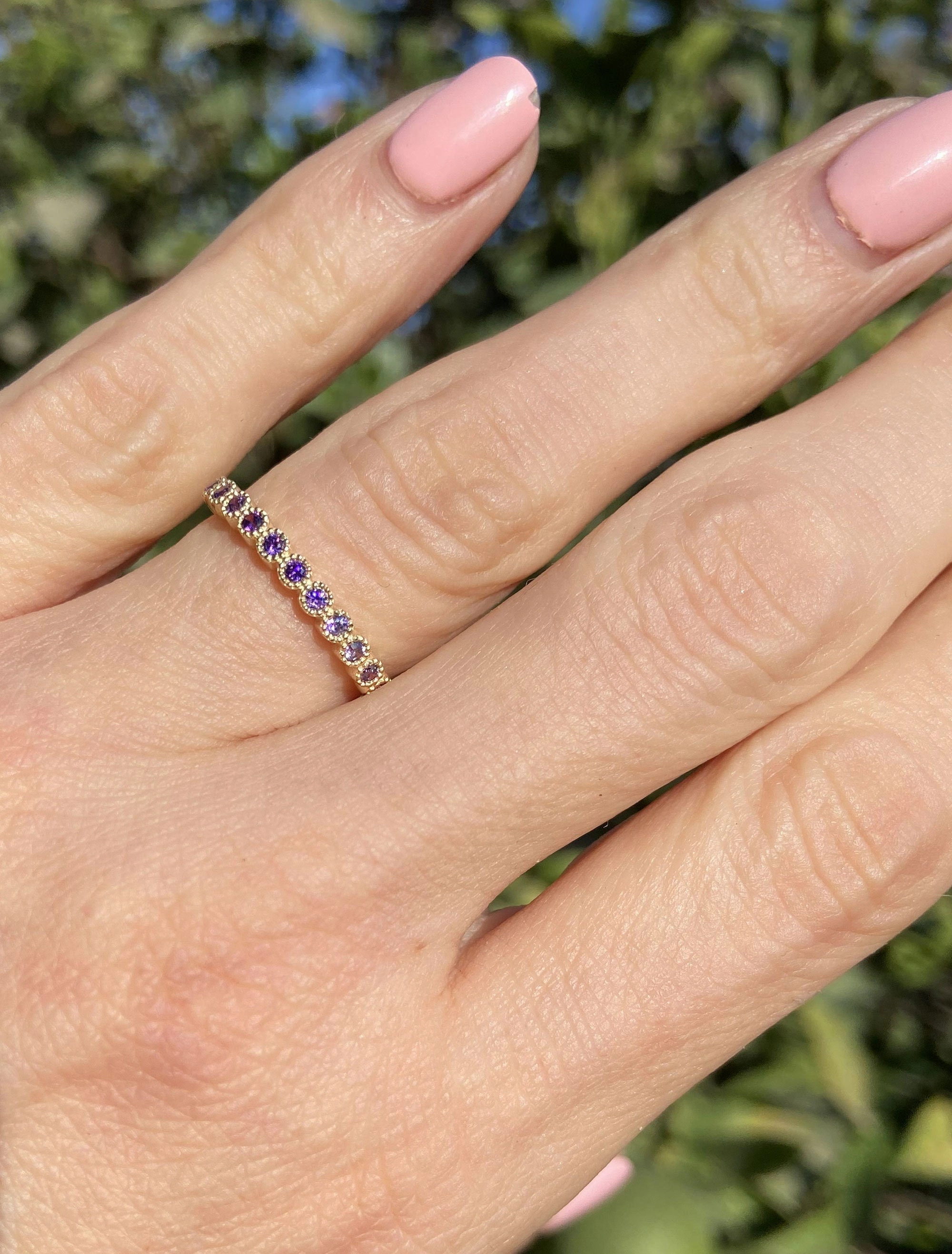 Round Purple Amethyst Eleven Stone Half Eternity Stacking Simple Ring