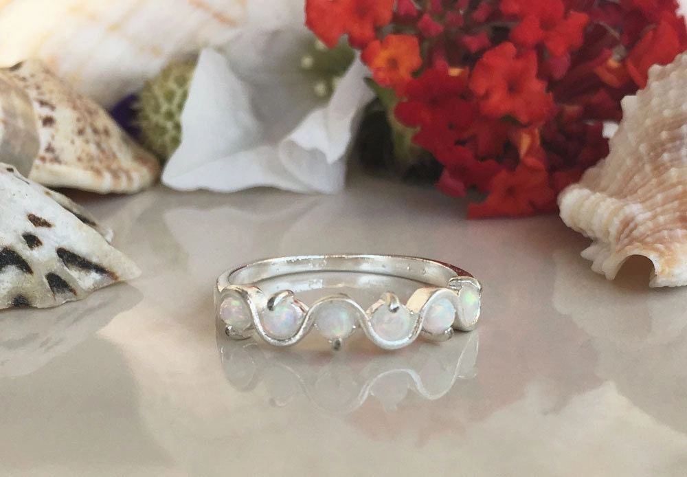Round White Opal Five Stone Simple Stackable Ring
