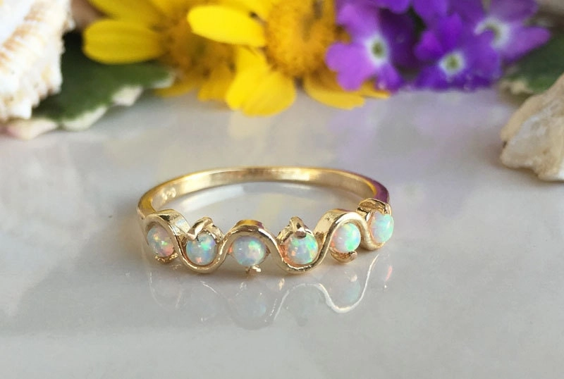 Round White Opal Five Stone Simple Stackable Ring