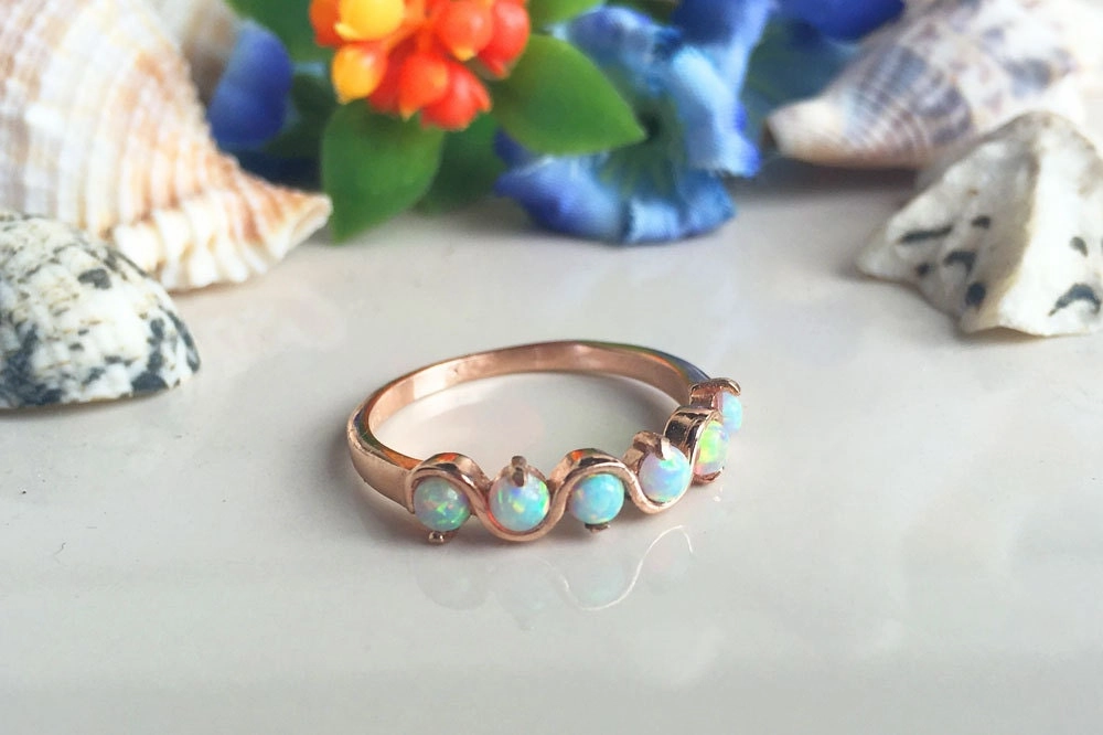 Round White Opal Five Stone Simple Stackable Ring