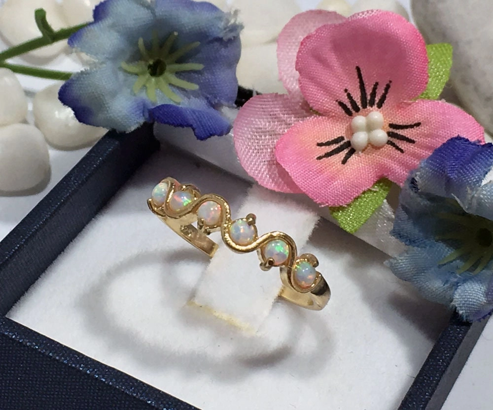 Round White Opal Five Stone Simple Stackable Ring