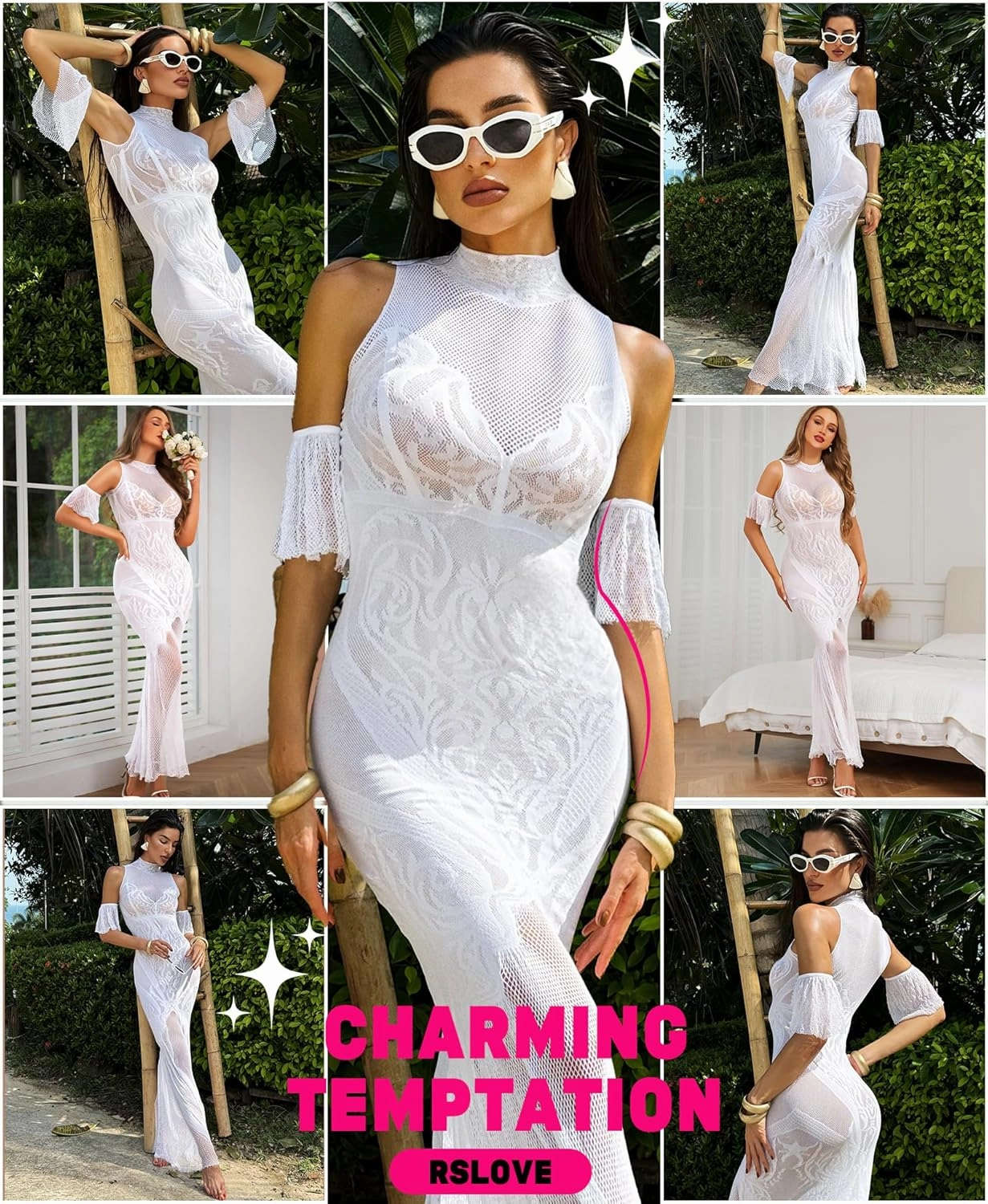 RSLOVE Women Lingerie Sexy Dress - Lace Mesh Sleepwear Maxi Nightgown Exotic Sheer Long Bridal Chemise with Detachable Sleeve