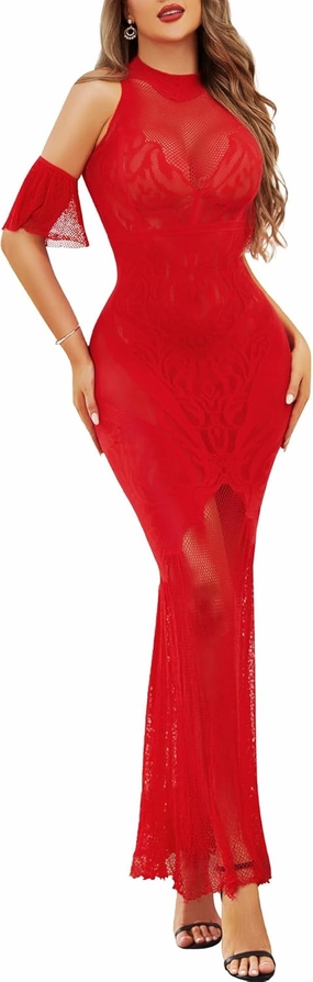 RSLOVE Women Lingerie Sexy Dress - Lace Mesh Sleepwear Maxi Nightgown Exotic Sheer Long Bridal Chemise with Detachable Sleeve