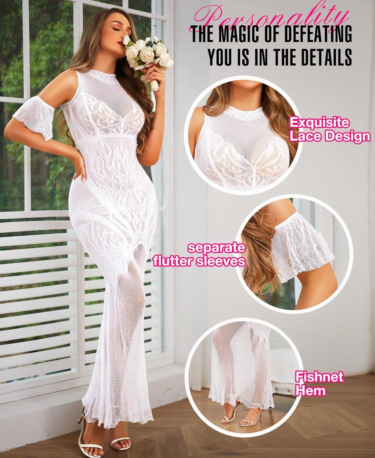 RSLOVE Women Lingerie Sexy Dress - Lace Mesh Sleepwear Maxi Nightgown Exotic Sheer Long Bridal Chemise with Detachable Sleeve