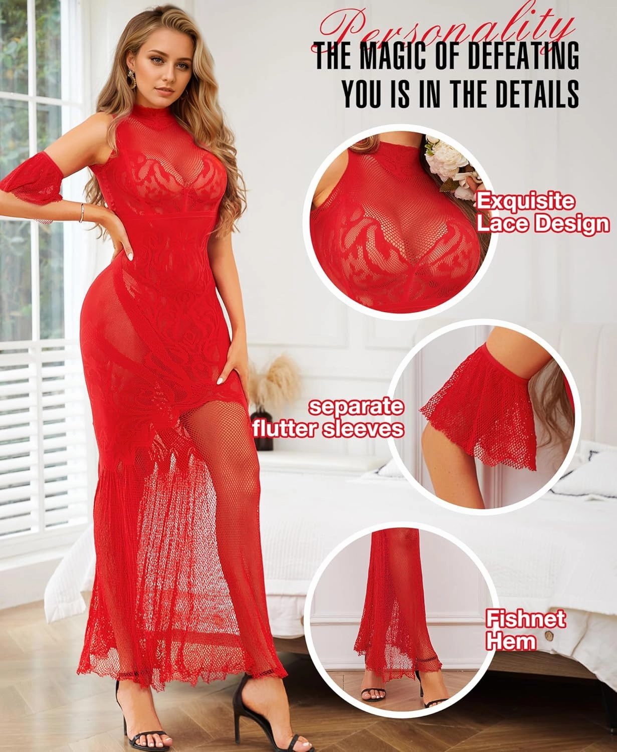 RSLOVE Women Lingerie Sexy Dress - Lace Mesh Sleepwear Maxi Nightgown Exotic Sheer Long Bridal Chemise with Detachable Sleeve