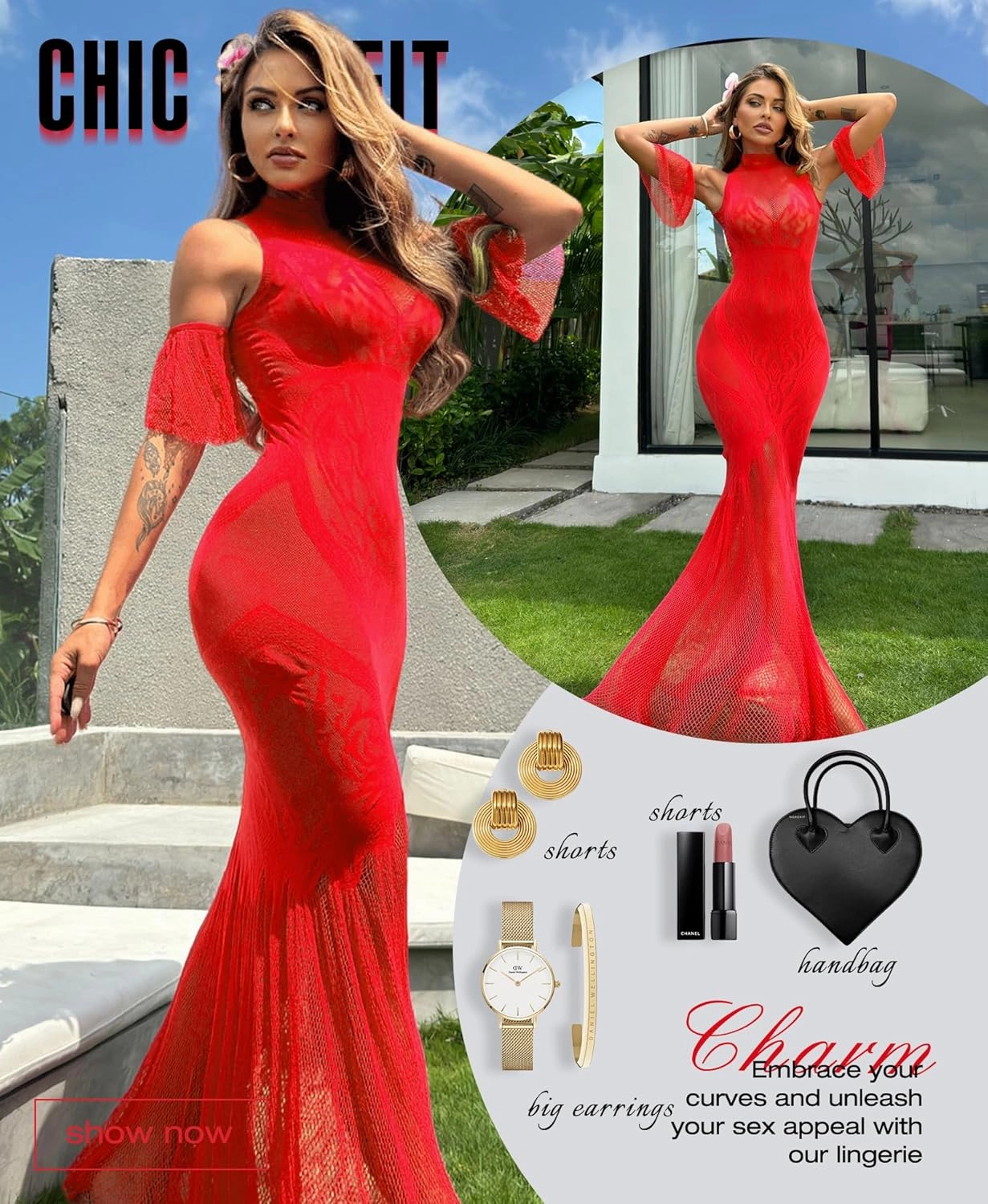 RSLOVE Women Lingerie Sexy Dress - Lace Mesh Sleepwear Maxi Nightgown Exotic Sheer Long Bridal Chemise with Detachable Sleeve
