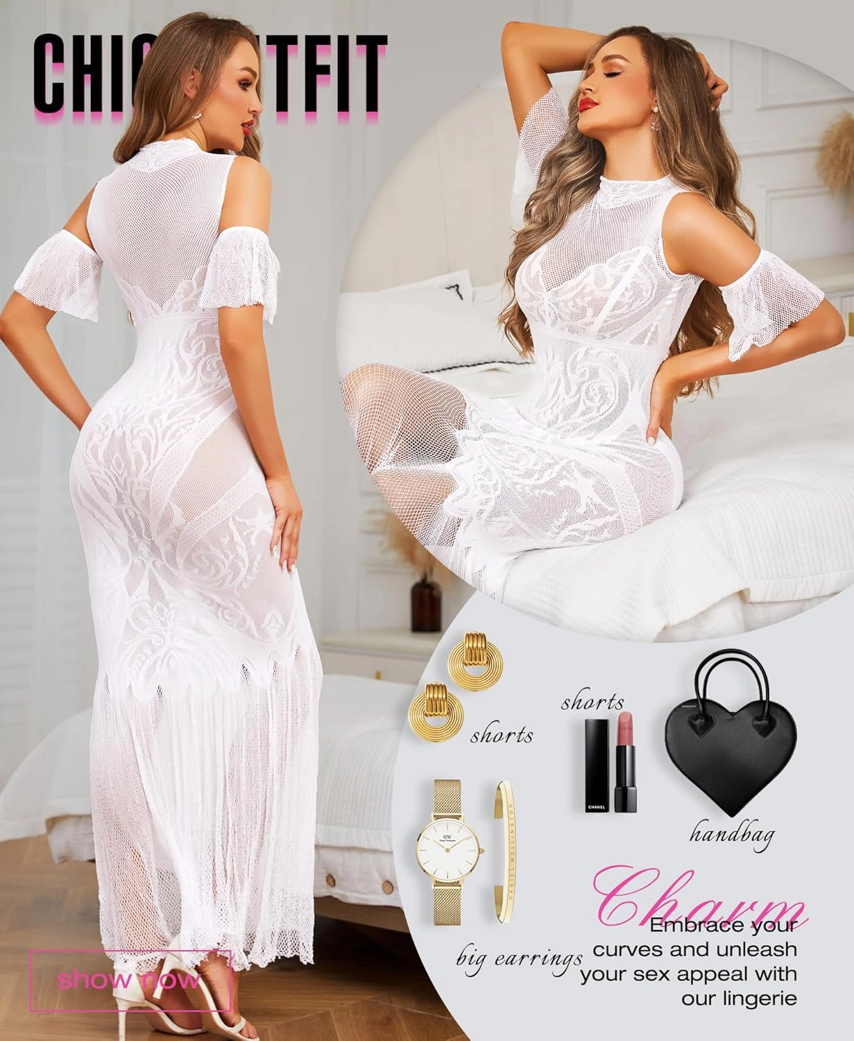 RSLOVE Women Lingerie Sexy Dress - Lace Mesh Sleepwear Maxi Nightgown Exotic Sheer Long Bridal Chemise with Detachable Sleeve