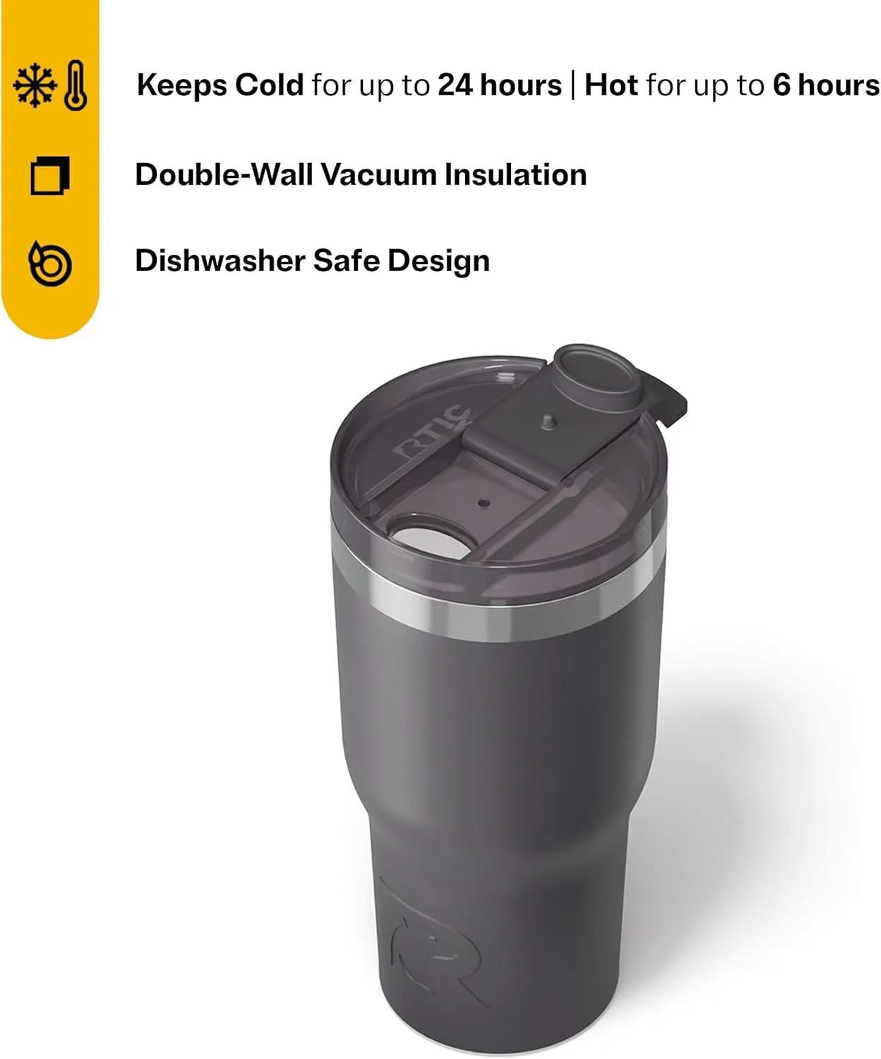 RTIC Essential Tumbler with Lid, Insulated, Stainless Steel, Metal, Double Wall Vacuum-Insulation, Ceramic Lined, Travel Cup for Iced Coffee, Tea, Hot and Cold Drink, Graphite