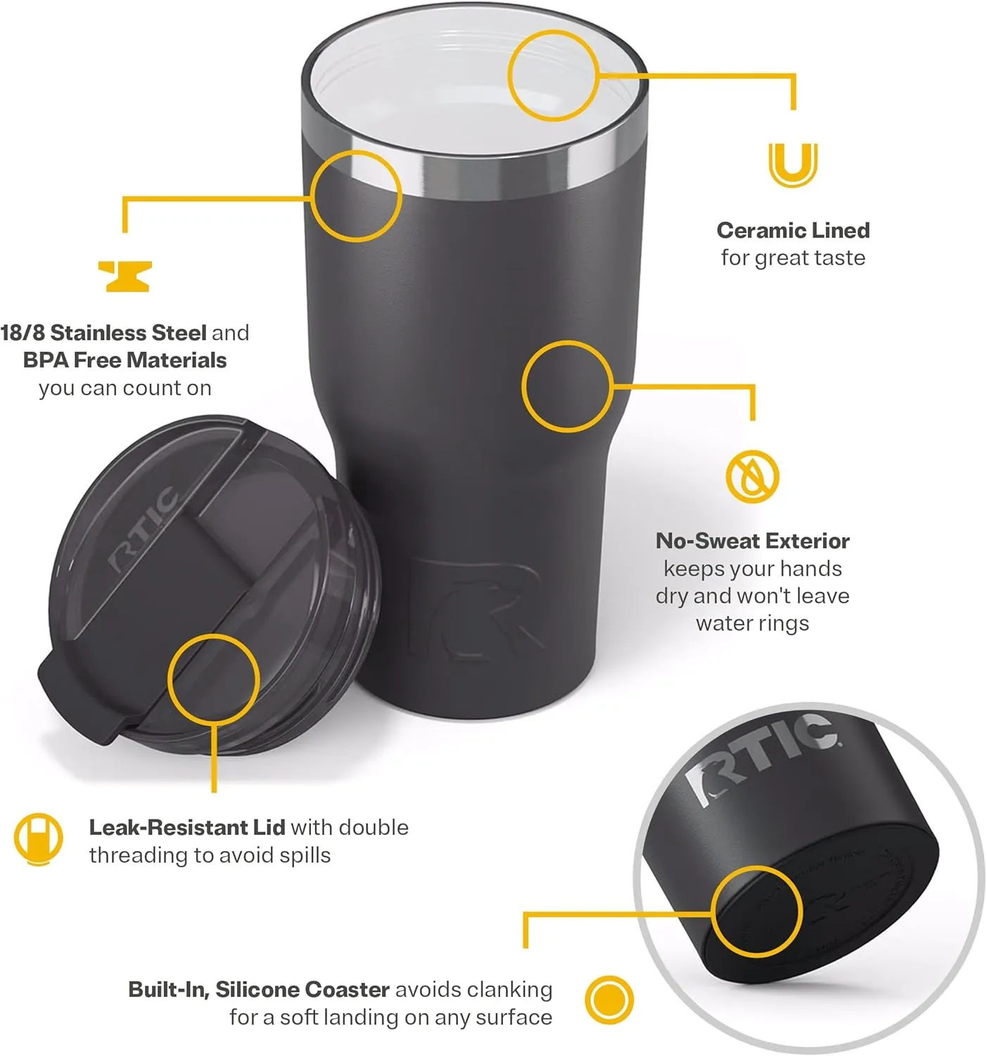 RTIC Essential Tumbler with Lid, Insulated, Stainless Steel, Metal, Double Wall Vacuum-Insulation, Ceramic Lined, Travel Cup for Iced Coffee, Tea, Hot and Cold Drink, Graphite