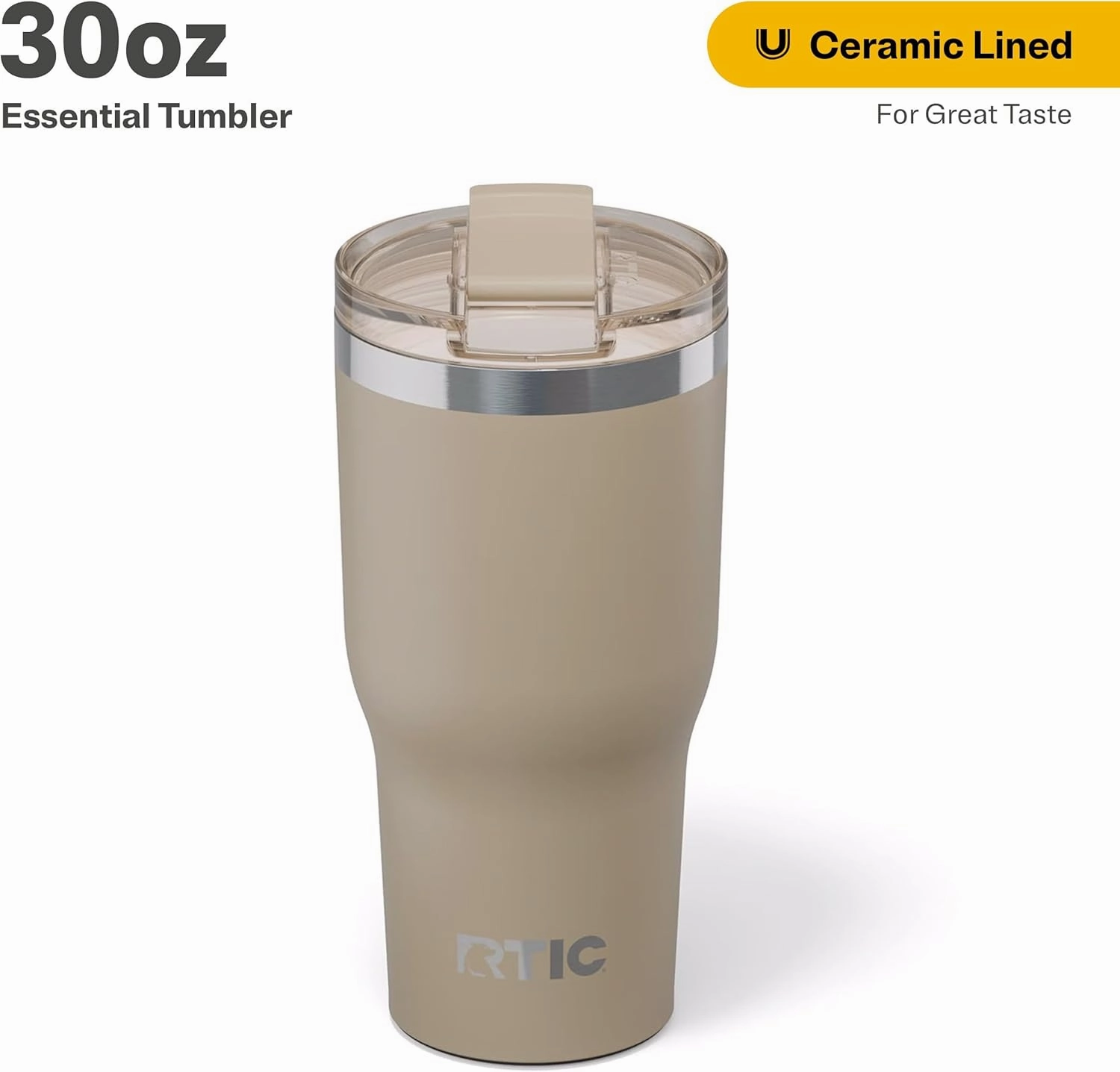 RTIC 30oz Essential Tumbler with Lid, Insulated, Stainless Steel, Metal, Double Wall Vacuum-Insulation, Ceramic Lined, Travel Cup for Iced Coffee, Tea, Hot and Cold Drink, Beach
