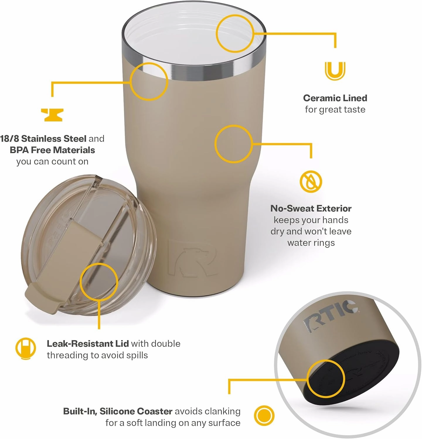 RTIC 30oz Essential Tumbler with Lid, Insulated, Stainless Steel, Metal, Double Wall Vacuum-Insulation, Ceramic Lined, Travel Cup for Iced Coffee, Tea, Hot and Cold Drink, Beach