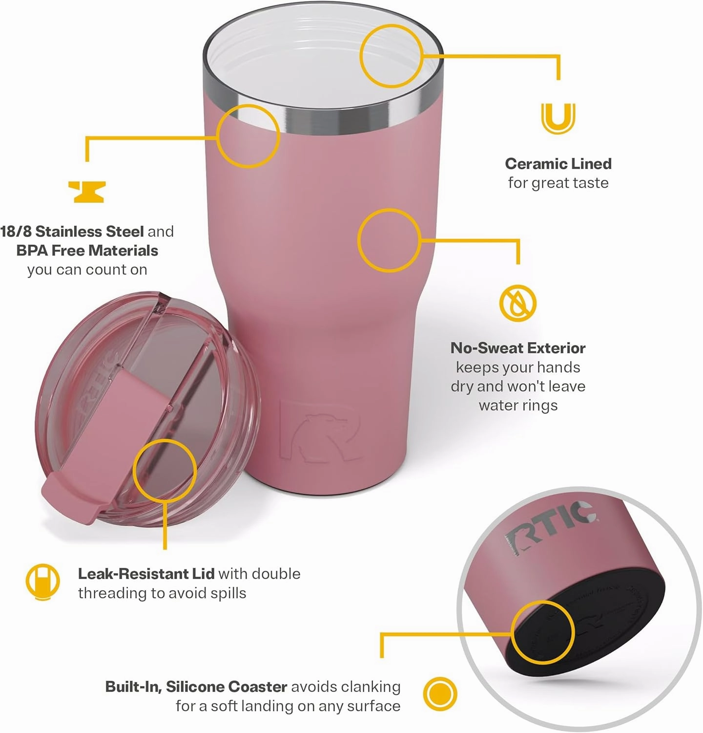 RTIC Essential Tumbler with Lid, Insulated, Stainless Steel, Metal, Double Wall Vacuum-Insulation, Ceramic Lined, Travel Cup for Iced Coffee, Tea, Hot and Cold Drink, Dusty Rose