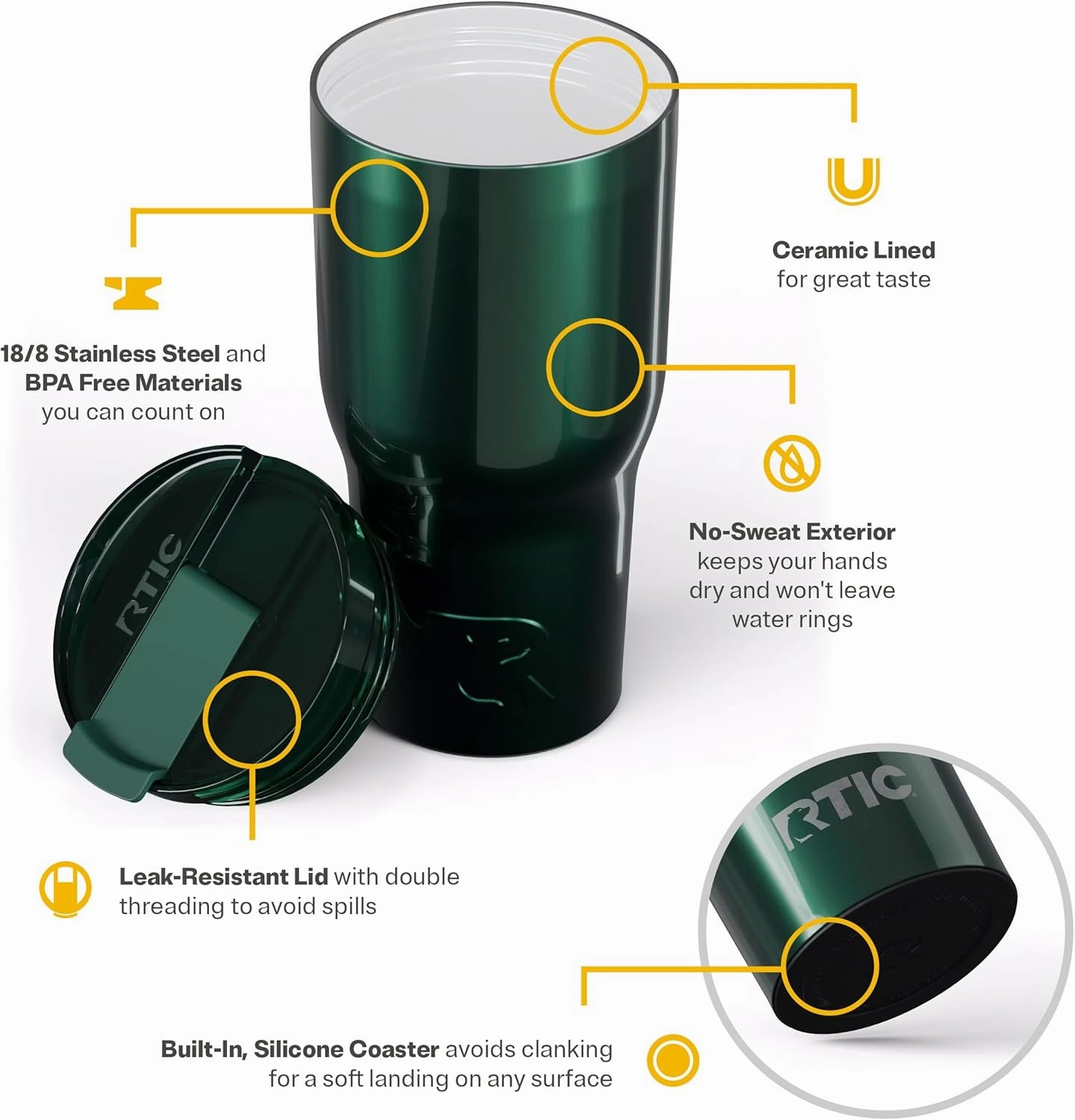 RTIC Essential Tumbler with Lid, Insulated, Stainless Steel, Metal, Double Wall Vacuum-Insulation, Ceramic Lined, Travel Cup for Iced Coffee, Tea, Hot and Cold Drink, Emerald Green Metallic