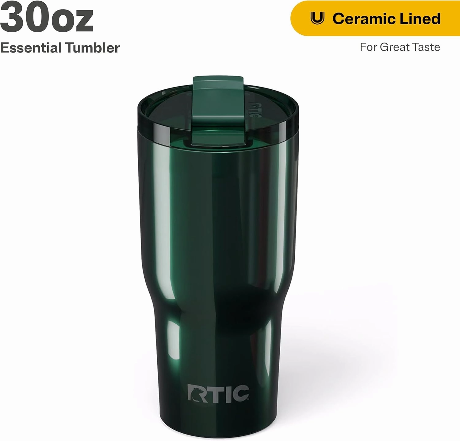 RTIC Essential Tumbler with Lid, Insulated, Stainless Steel, Metal, Double Wall Vacuum-Insulation, Ceramic Lined, Travel Cup for Iced Coffee, Tea, Hot and Cold Drink, Emerald Green Metallic
